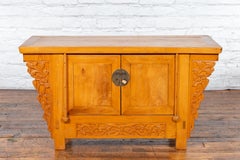 Chinese Early 20th Century Elm Sideboard with Carved Spandrels and Apron