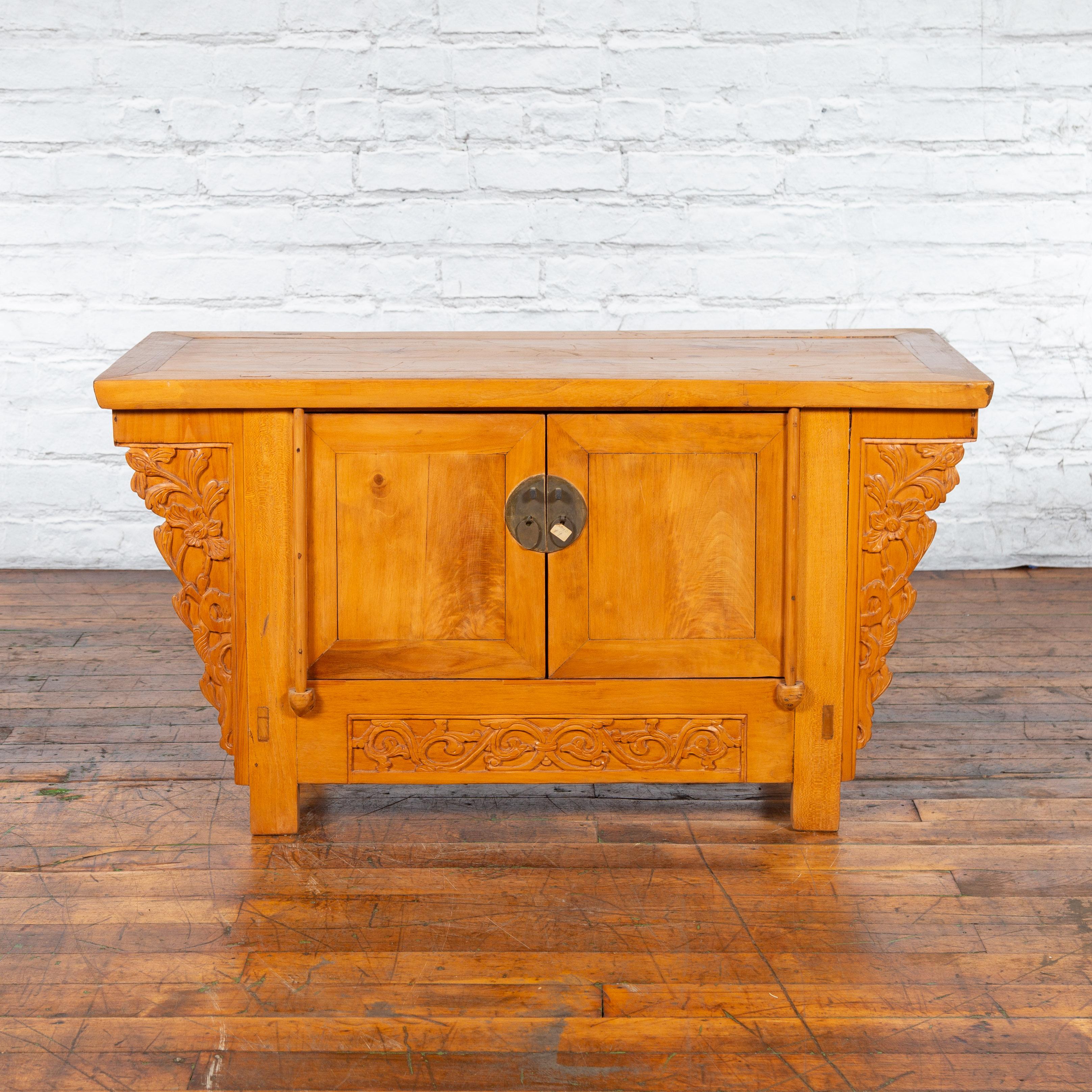 Bronze Chinese Early 20th Century Elm Sideboard with Carved Spandrels and Apron For Sale