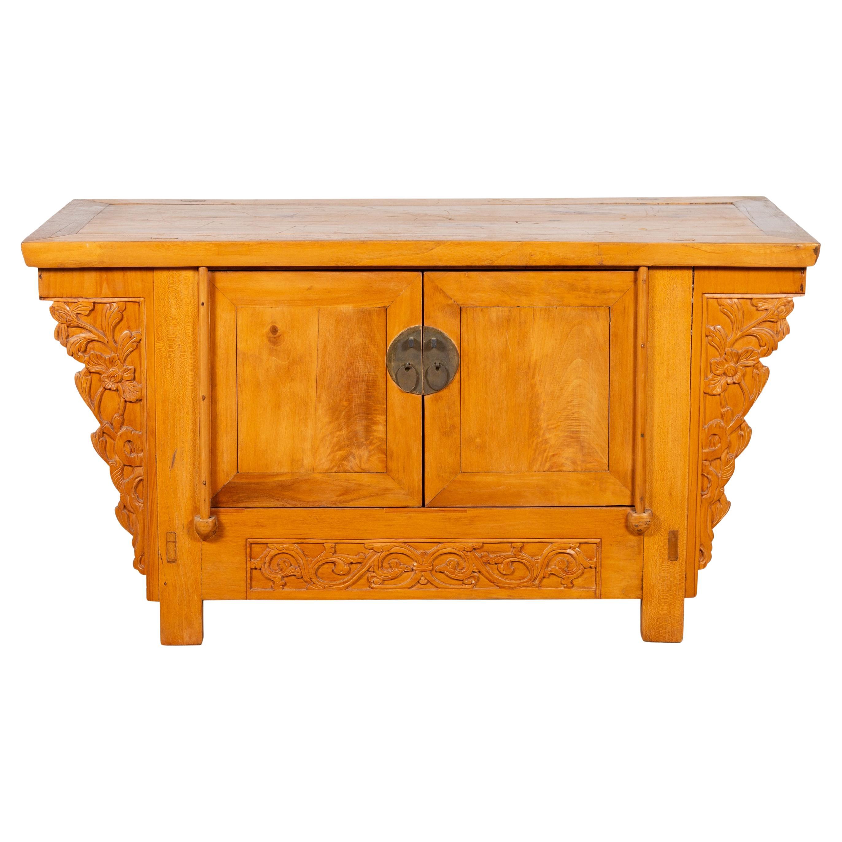 Chinese Early 20th Century Elm Sideboard with Carved Spandrels and Apron For Sale