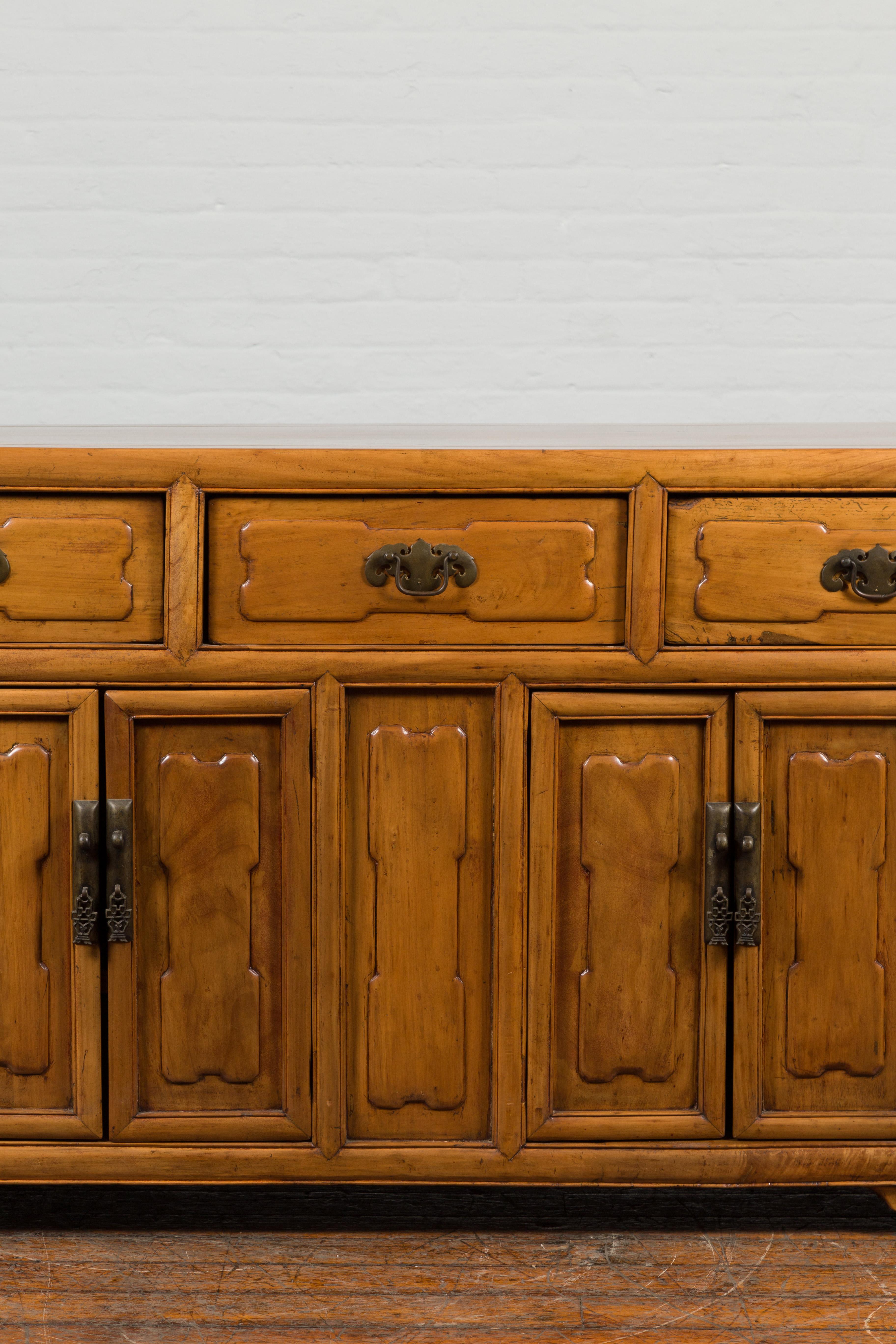 Chinese Early 20th Century Elm Sideboard with Raised Panels, Doors and Drawers For Sale 1