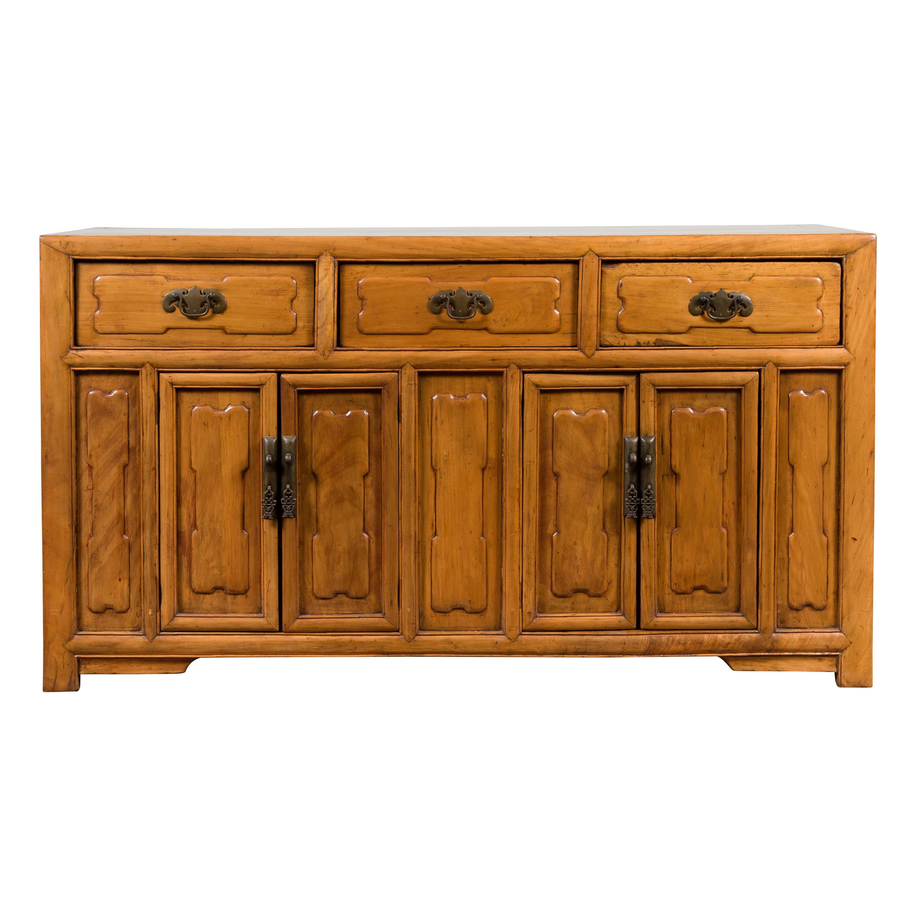 Chinese Early 20th Century Elm Sideboard with Raised Panels, Doors and Drawers For Sale