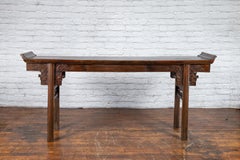 Chinese Early 20th Century Elmwood Altar Console Table with Carved Dragon Motifs