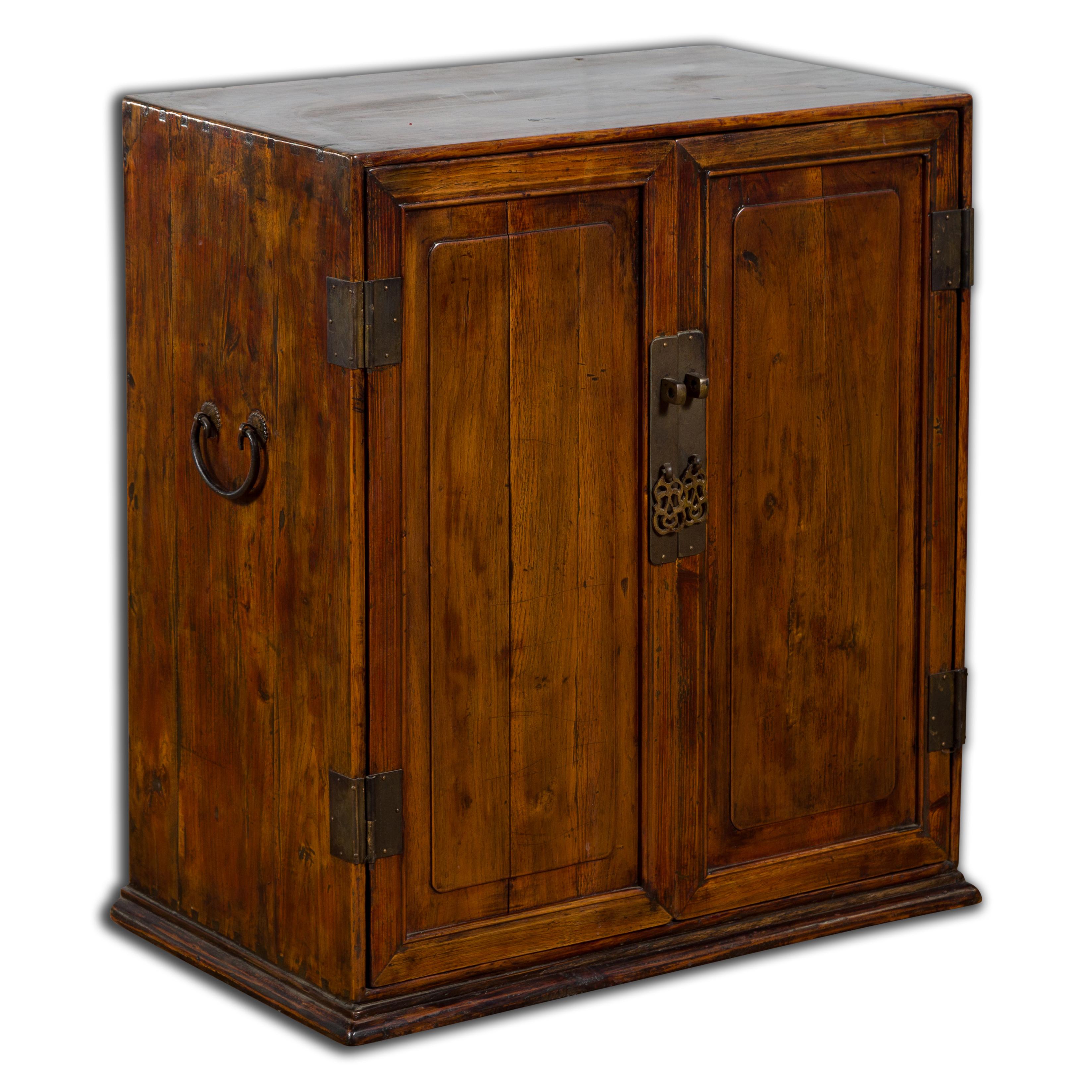 Chinese Early 20th Century Elmwood and Brass Side Cabinet with Raised Panels For Sale 7