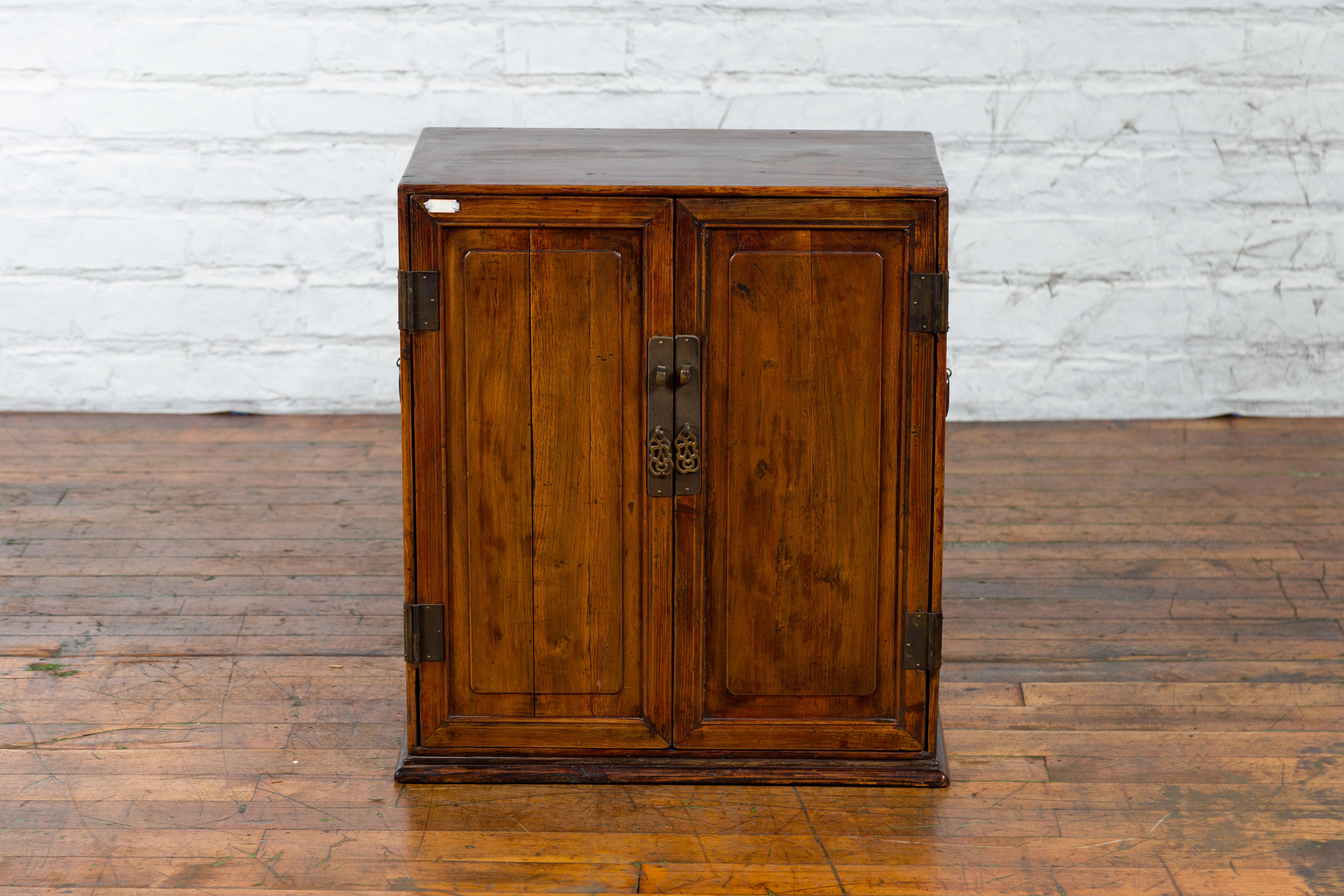 Chinese Early 20th Century Elmwood and Brass Side Cabinet with Raised Panels 8