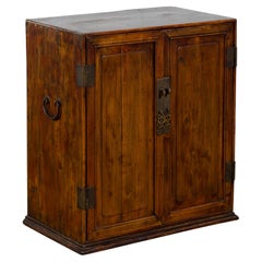 Chinese Early 20th Century Elmwood and Brass Side Cabinet with Raised Panels