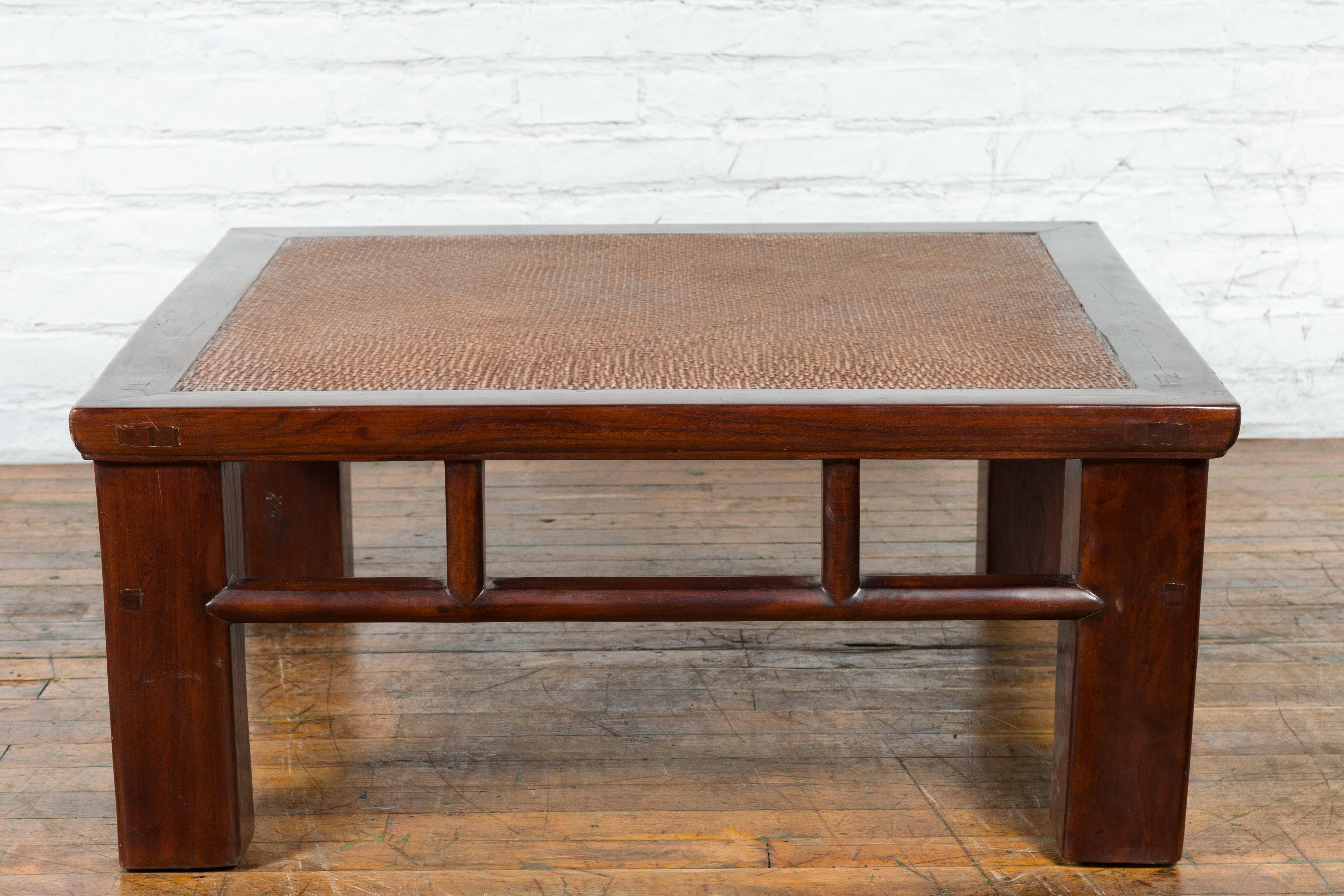 Chinese Early 20th Century Elmwood Coffee Table with Woven Rattan Top Inset For Sale 10