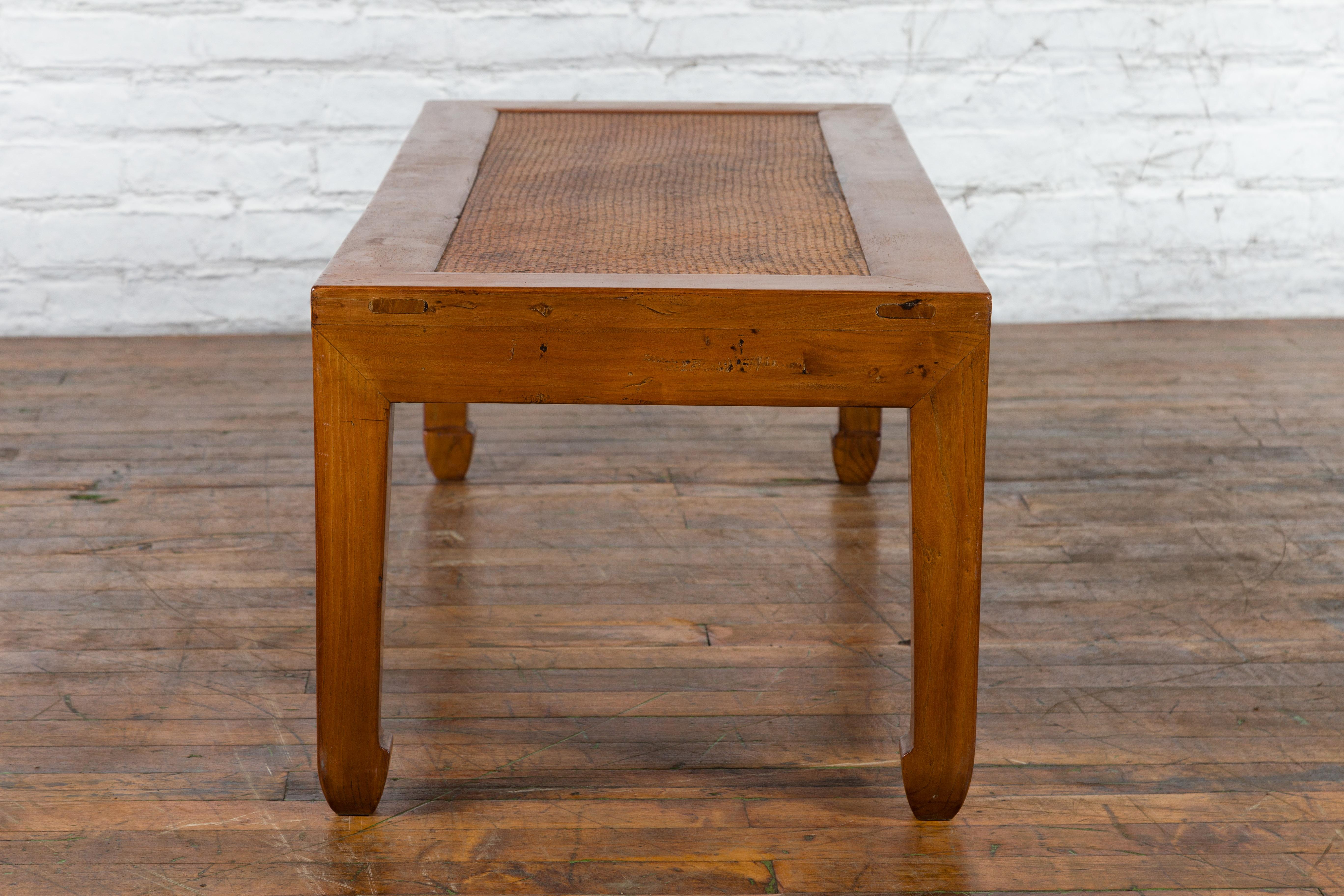 Chinese Early 20th Century Elmwood Coffee Table with Woven Rattan Top Inset 10