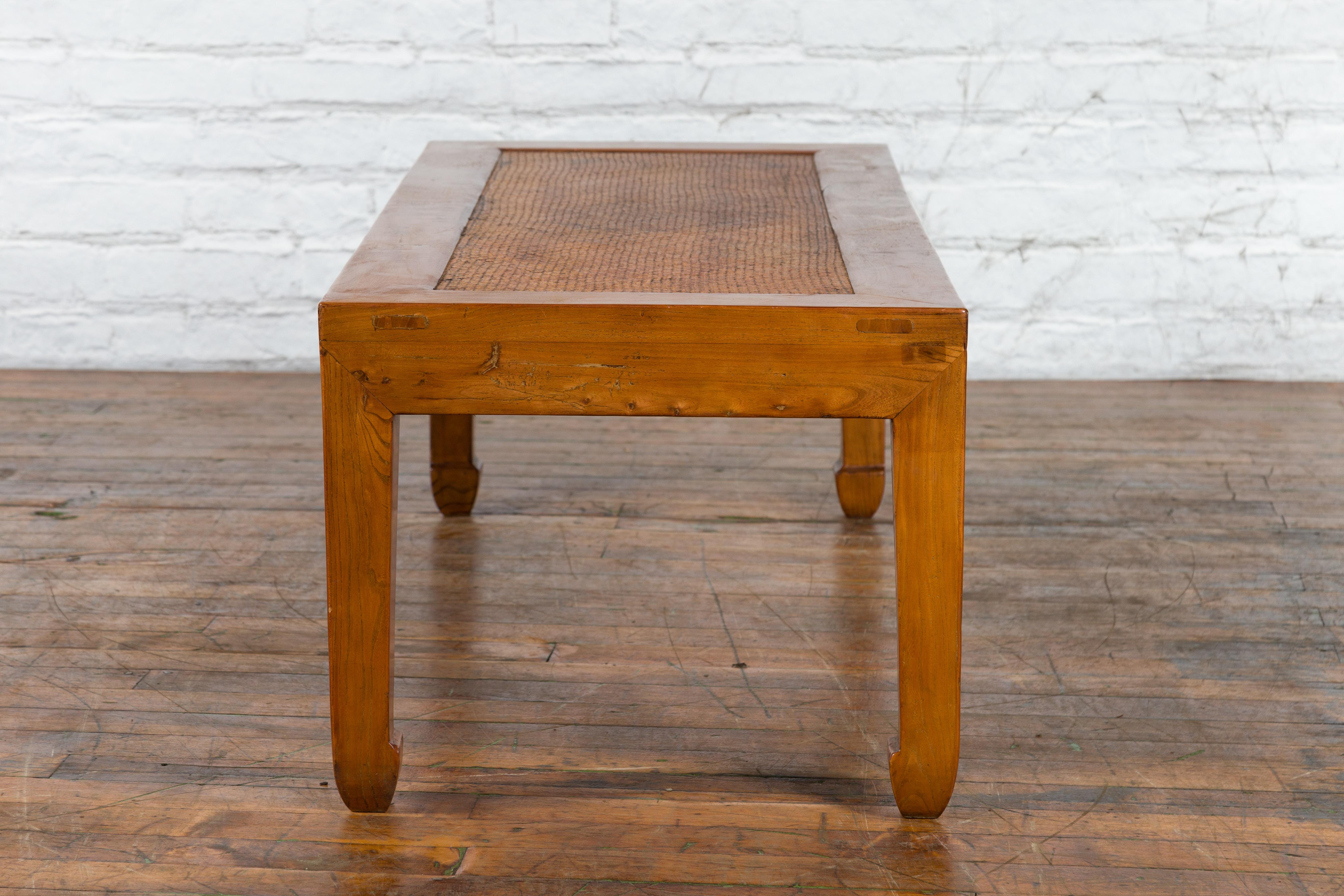 Chinese Early 20th Century Elmwood Coffee Table with Woven Rattan Top Inset 11