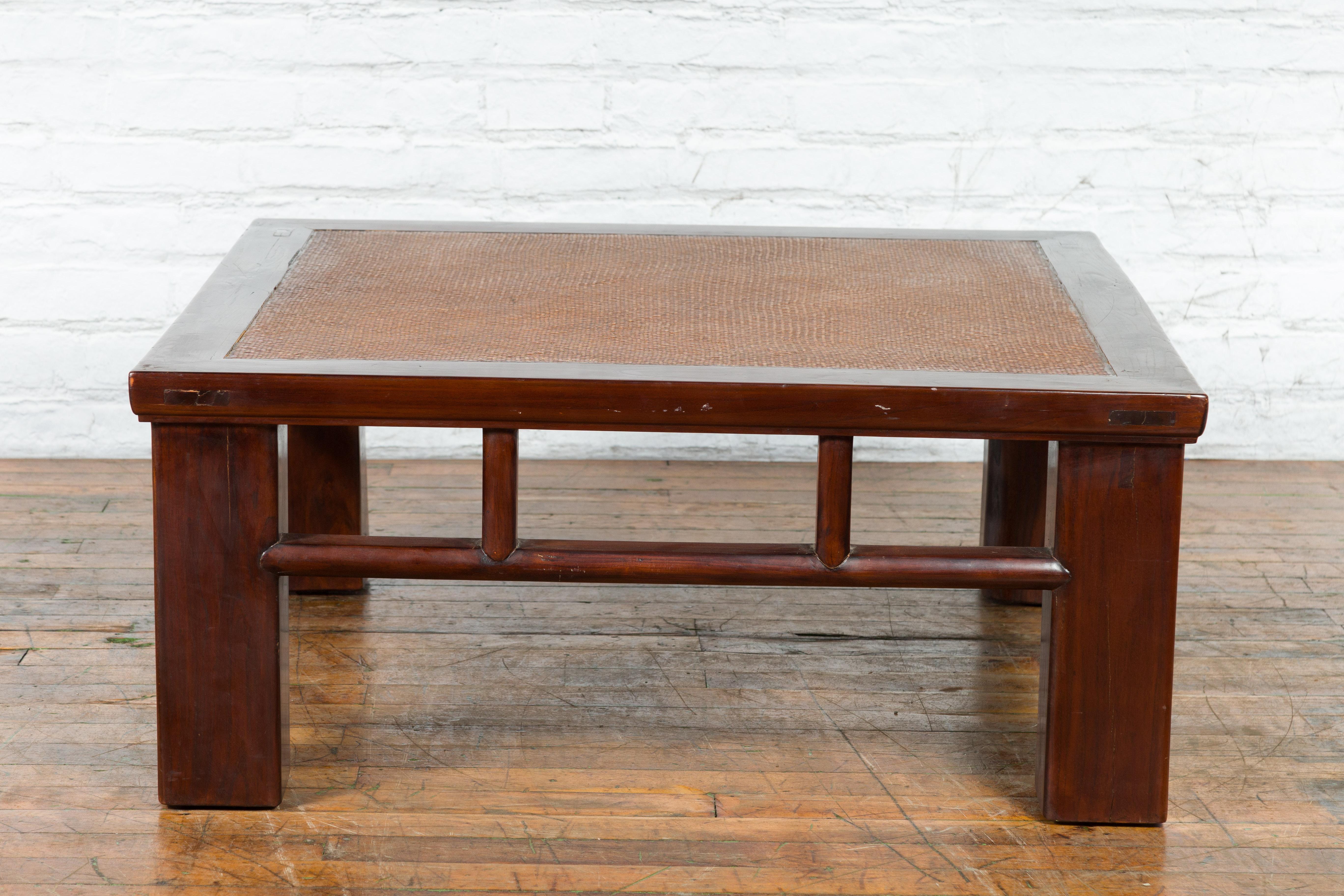 Chinese Early 20th Century Elmwood Coffee Table with Woven Rattan Top Inset For Sale 12