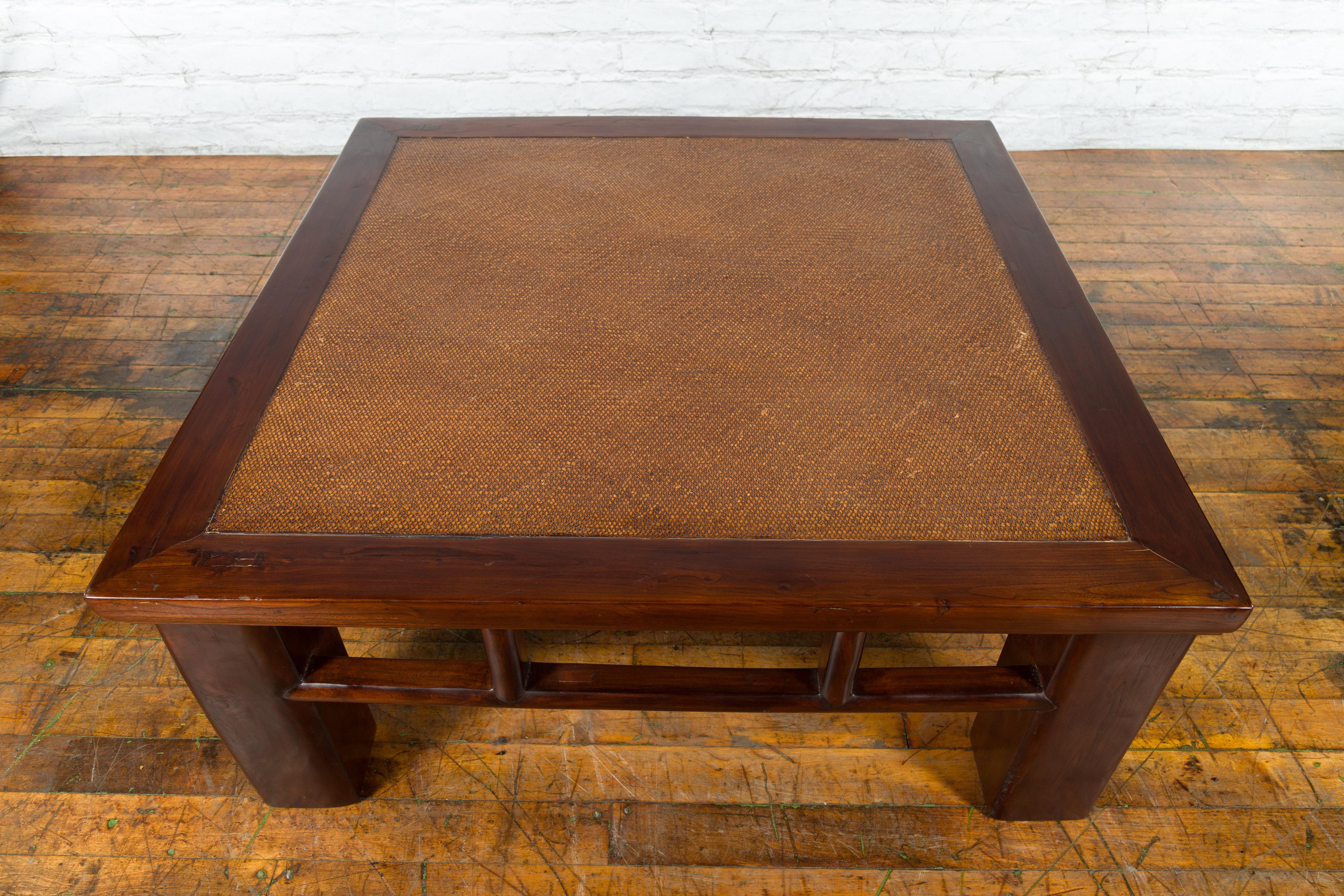 Chinese Early 20th Century Elmwood Coffee Table with Woven Rattan Top Inset For Sale 5