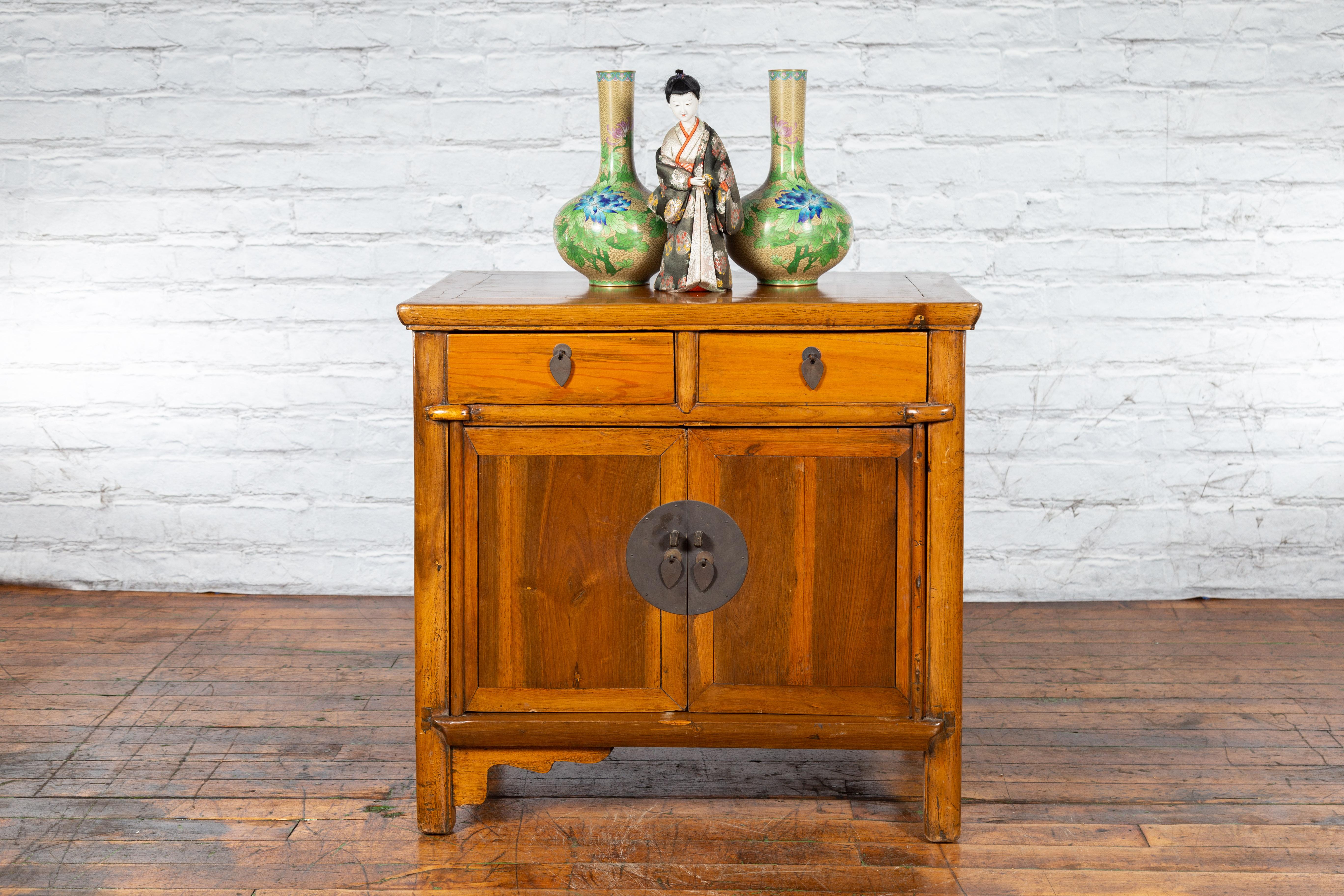 Chinese Early 20th Century Elmwood Side Chest with Bronze Medallion Hardware For Sale 1