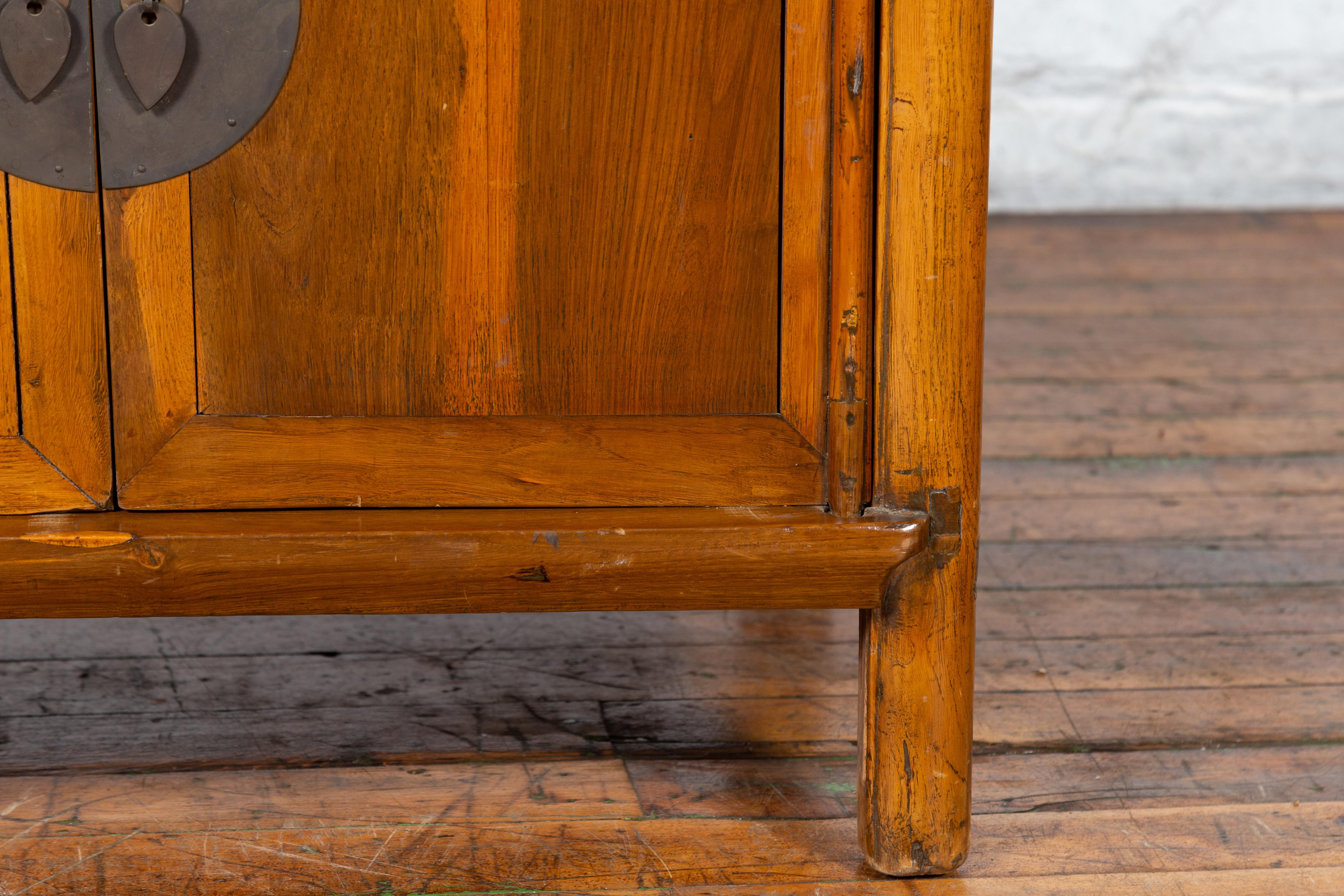 Chinese Early 20th Century Elmwood Side Chest with Bronze Medallion Hardware For Sale 6