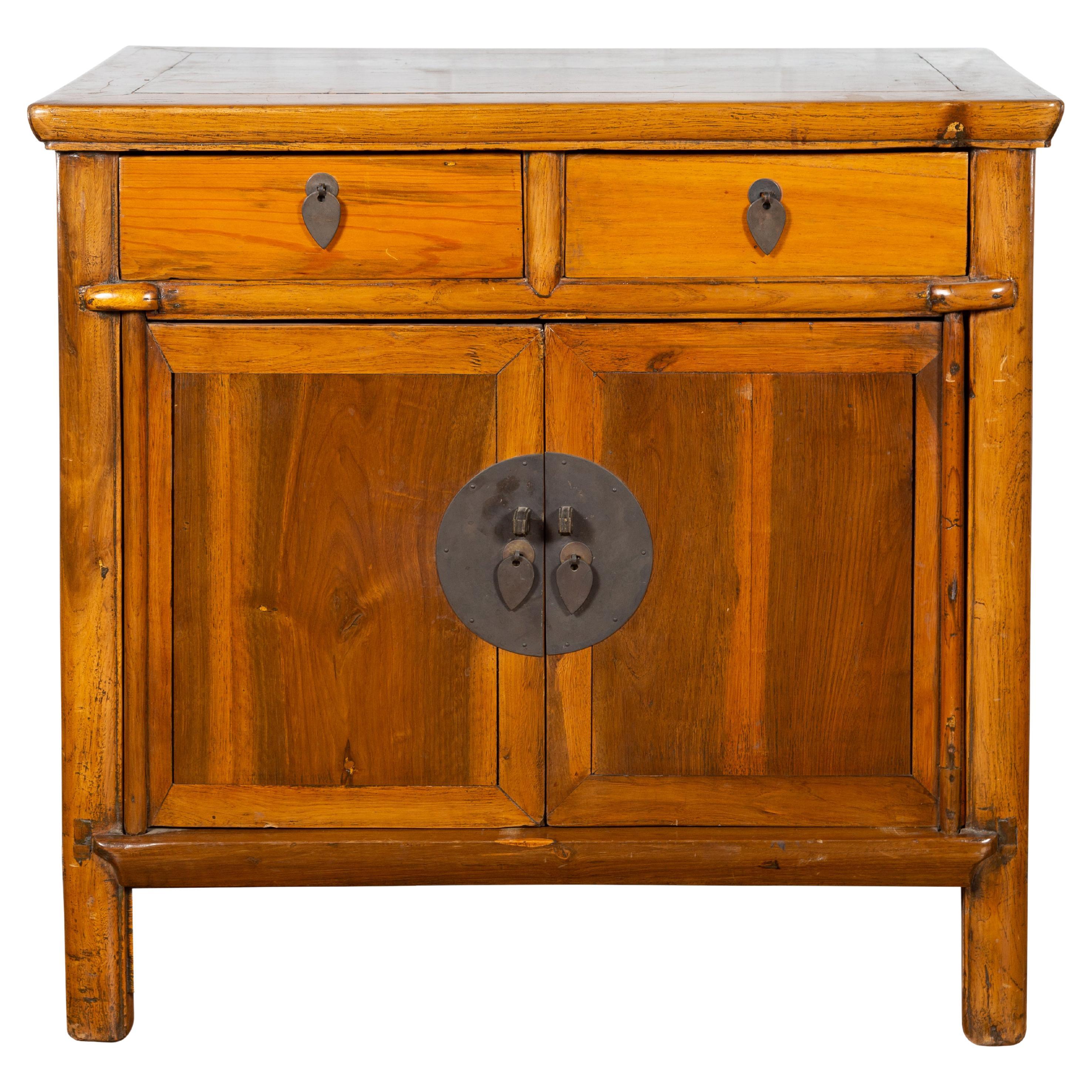 Chinese Early 20th Century Elmwood Side Chest with Bronze Medallion Hardware For Sale