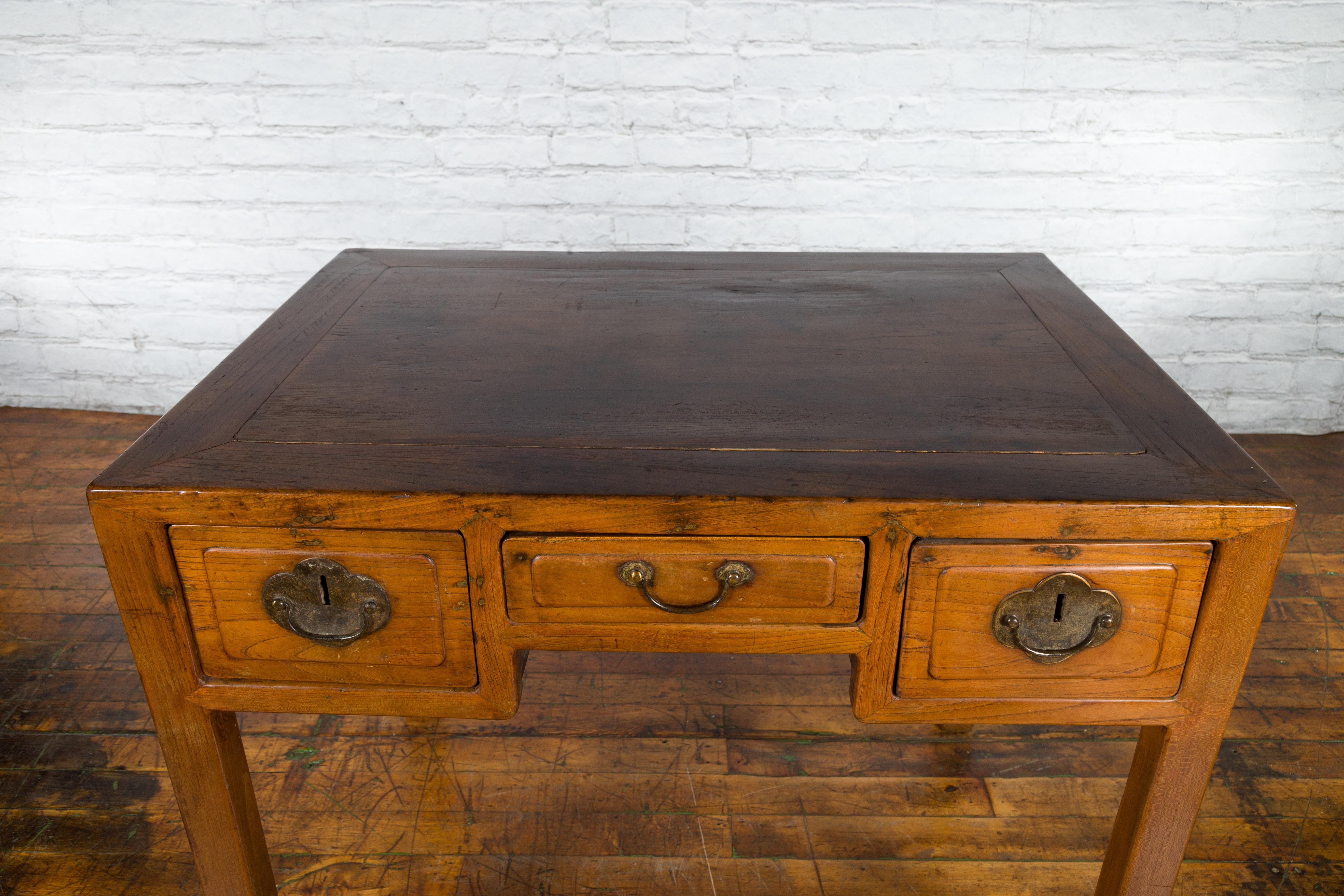 Chinese Early 20th Century Fujian Province Three-Drawer Desk with Horsehoof Legs 6