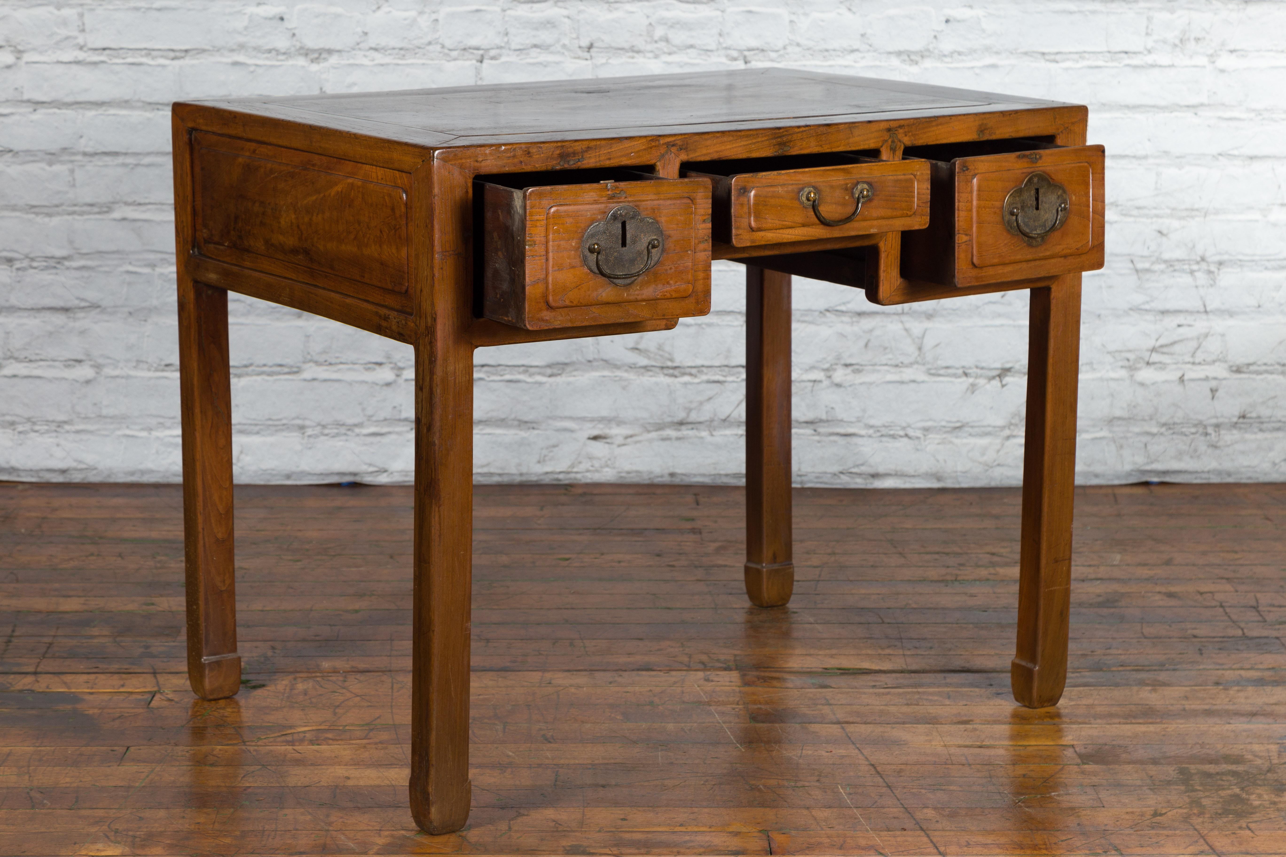 Chinese Early 20th Century Fujian Province Three-Drawer Desk with Horsehoof Legs 7