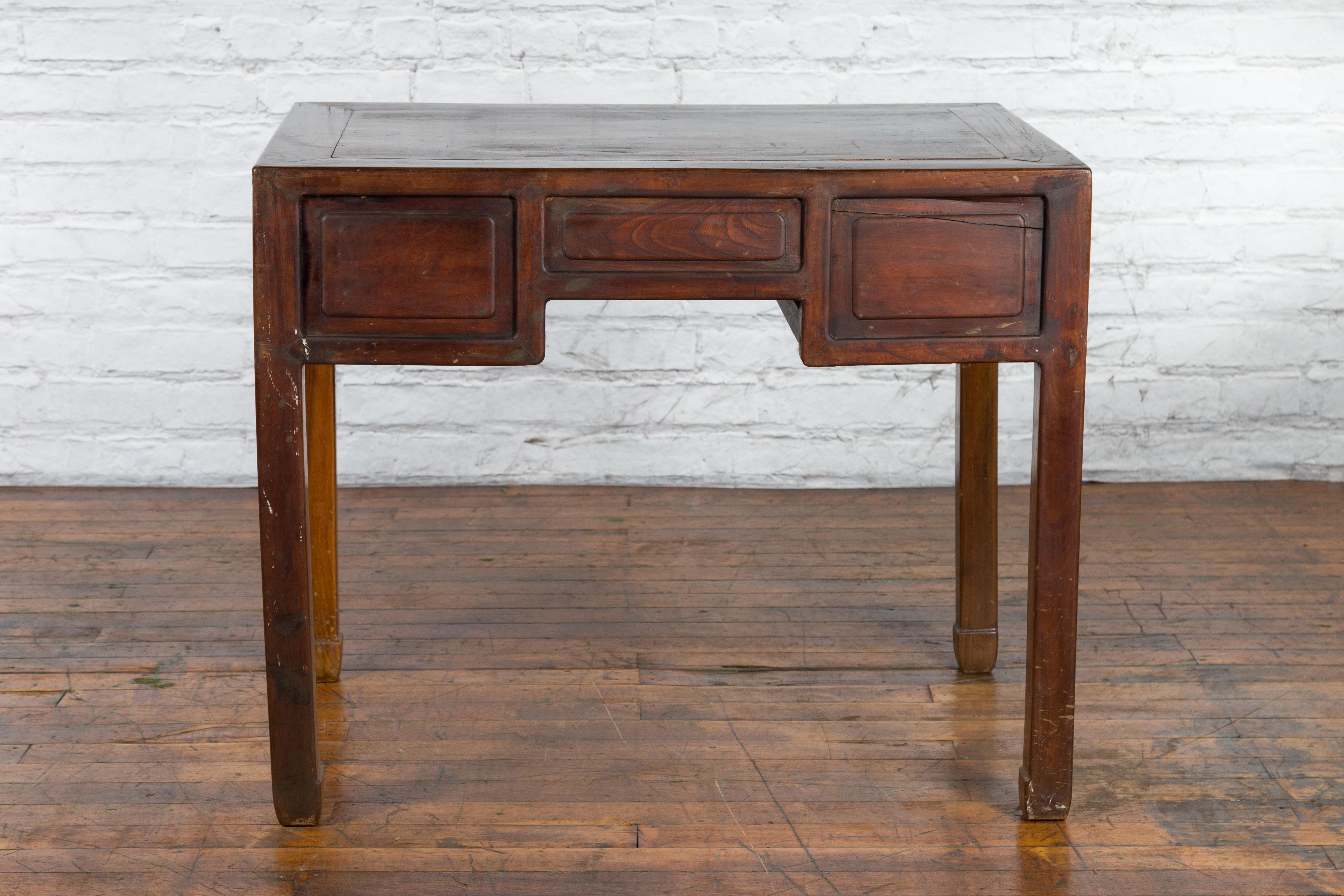 Chinese Early 20th Century Fujian Province Three-Drawer Desk with Horsehoof Legs 9