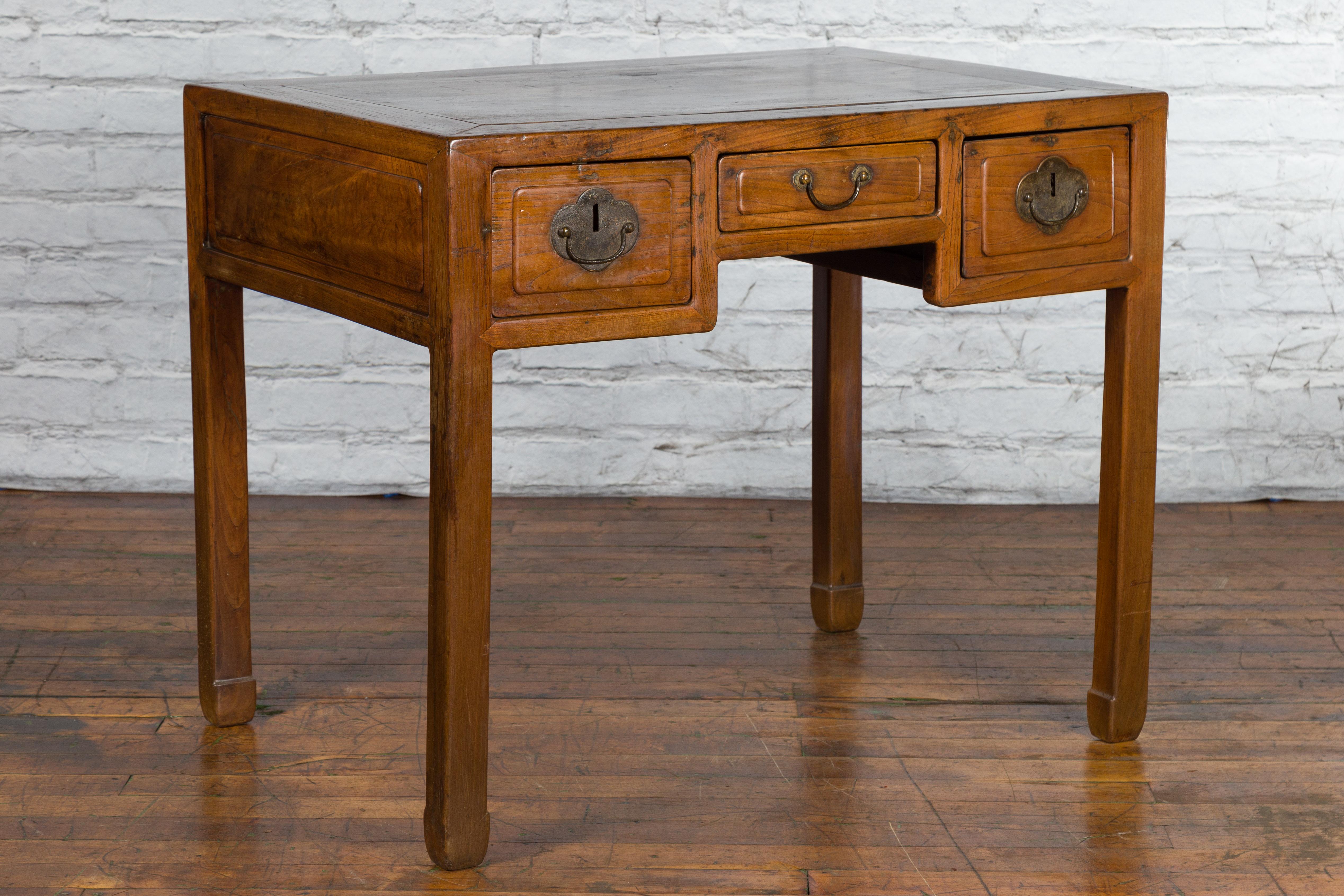 Chinese Early 20th Century Fujian Province Three-Drawer Desk with Horsehoof Legs In Good Condition In Yonkers, NY