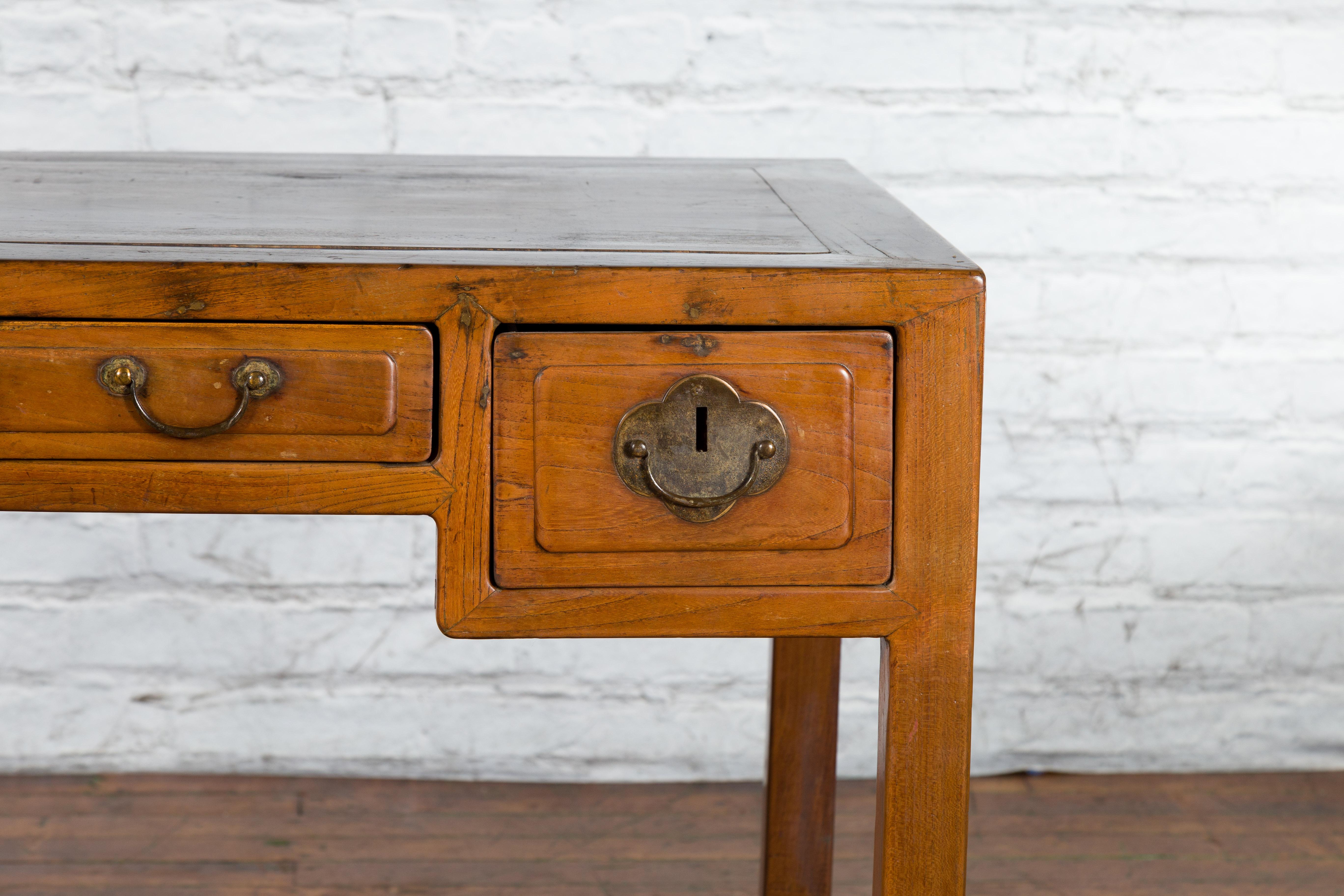 Chinese Early 20th Century Fujian Province Three-Drawer Desk with Horsehoof Legs 2