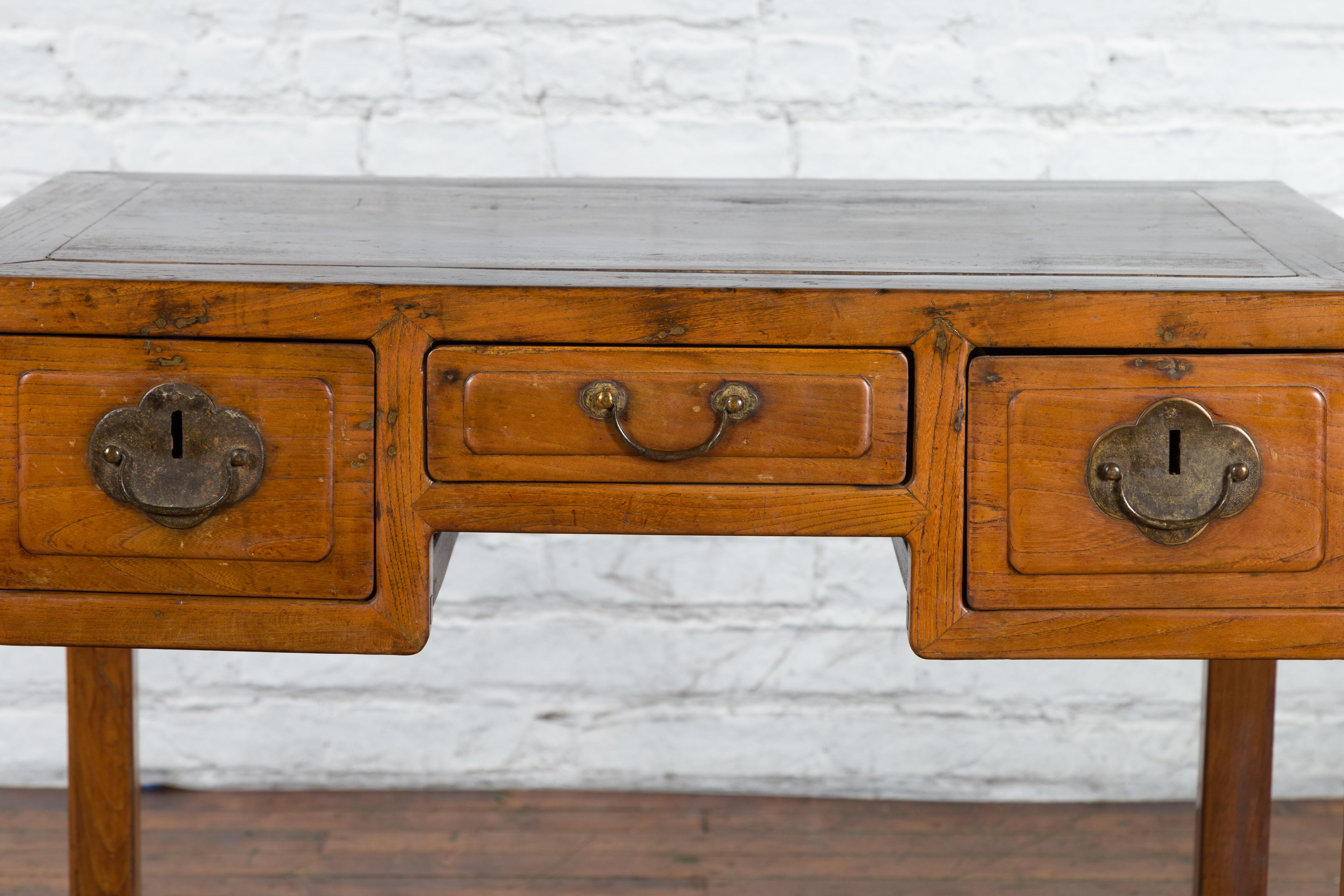 Chinese Early 20th Century Fujian Province Three-Drawer Desk with Horsehoof Legs 3
