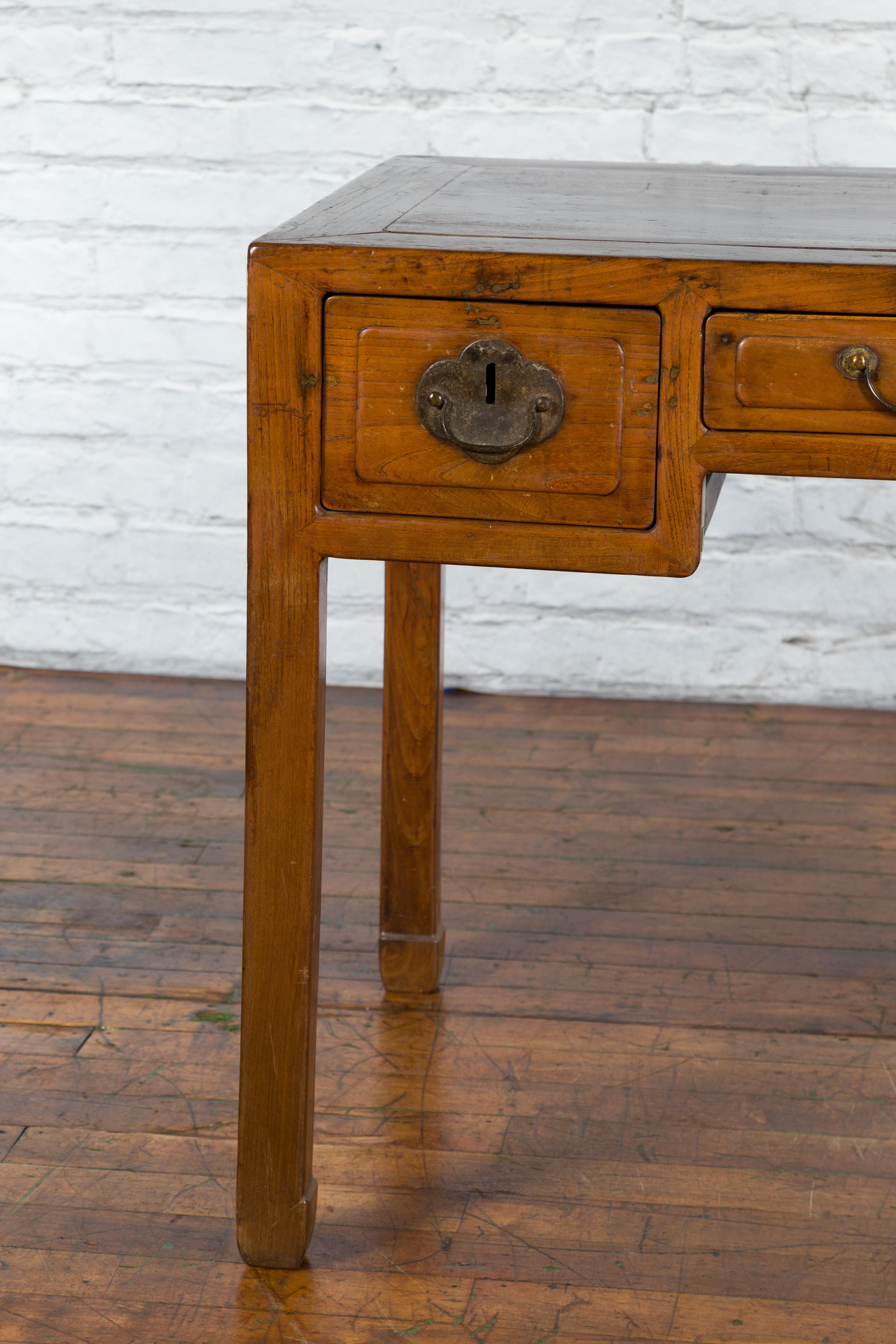 Chinese Early 20th Century Fujian Province Three-Drawer Desk with Horsehoof Legs 4