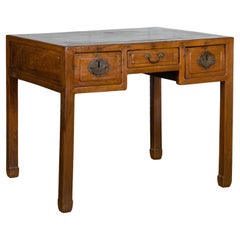 Chinese Early 20th Century Fujian Province Three-Drawer Desk with Horsehoof Legs