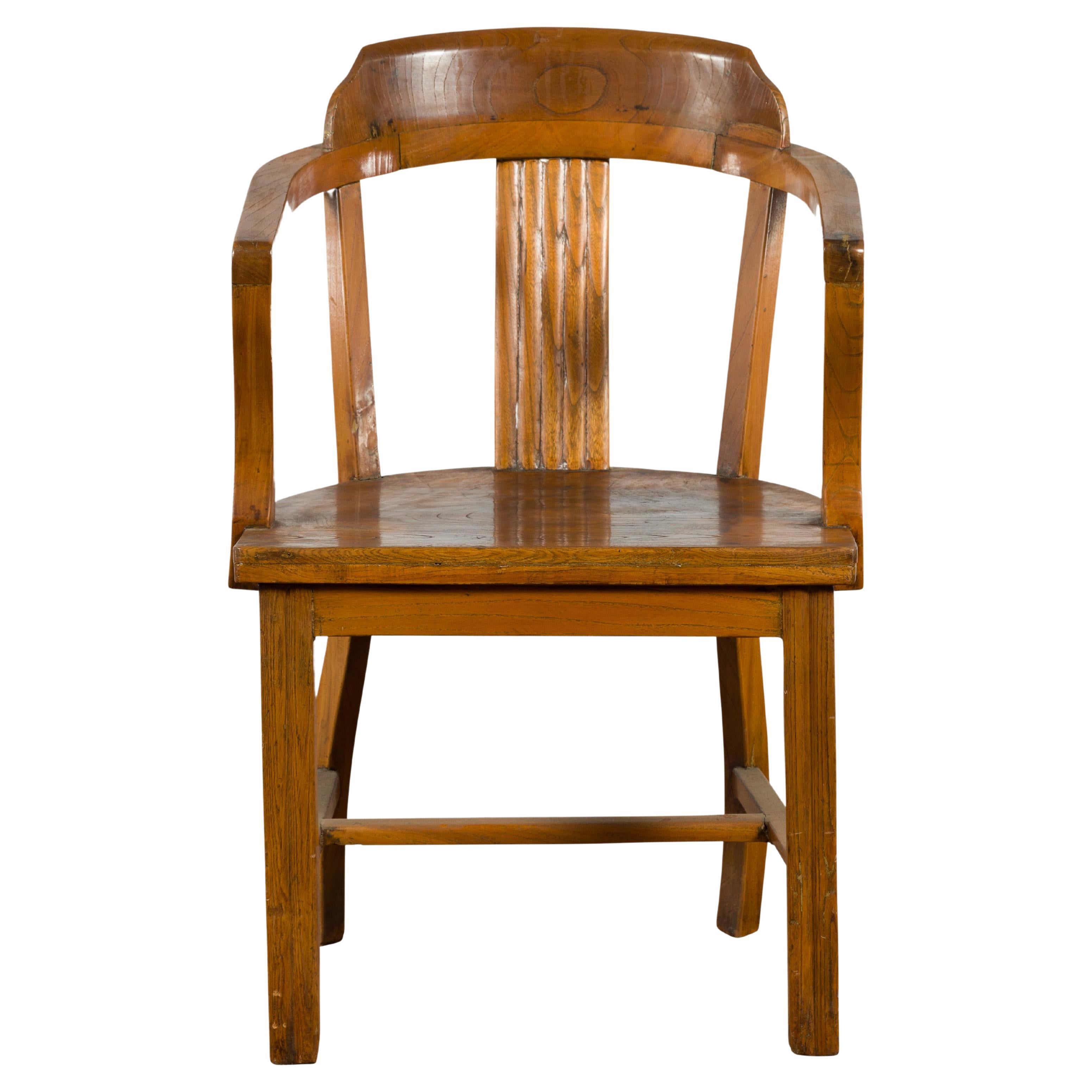 Chinese Early 20th Century Horseshoe Back Armchair with Carved Reeded Splat