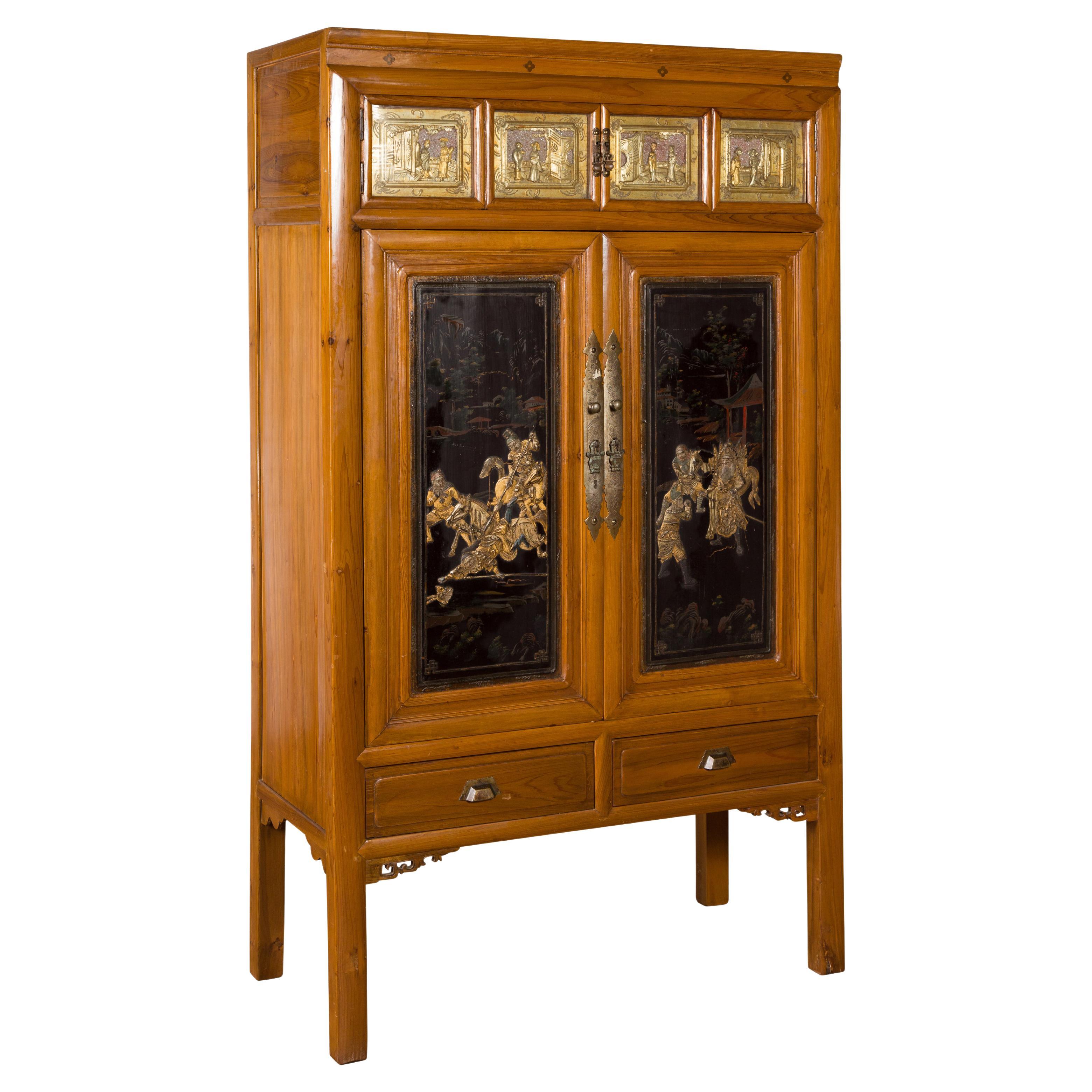 Chinese Early 20th Century Lacquered Armoire with Gilt Carved Warrior Motifs For Sale