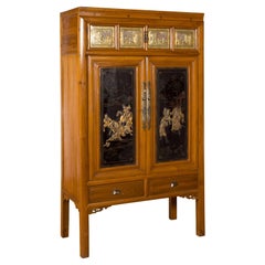 Antique Chinese Early 20th Century Lacquered Armoire with Gilt Carved Warrior Motifs