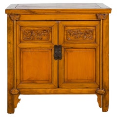 Chinese Early 20th Century Lacquered Side Cabinet with Carved Birds and Foliage