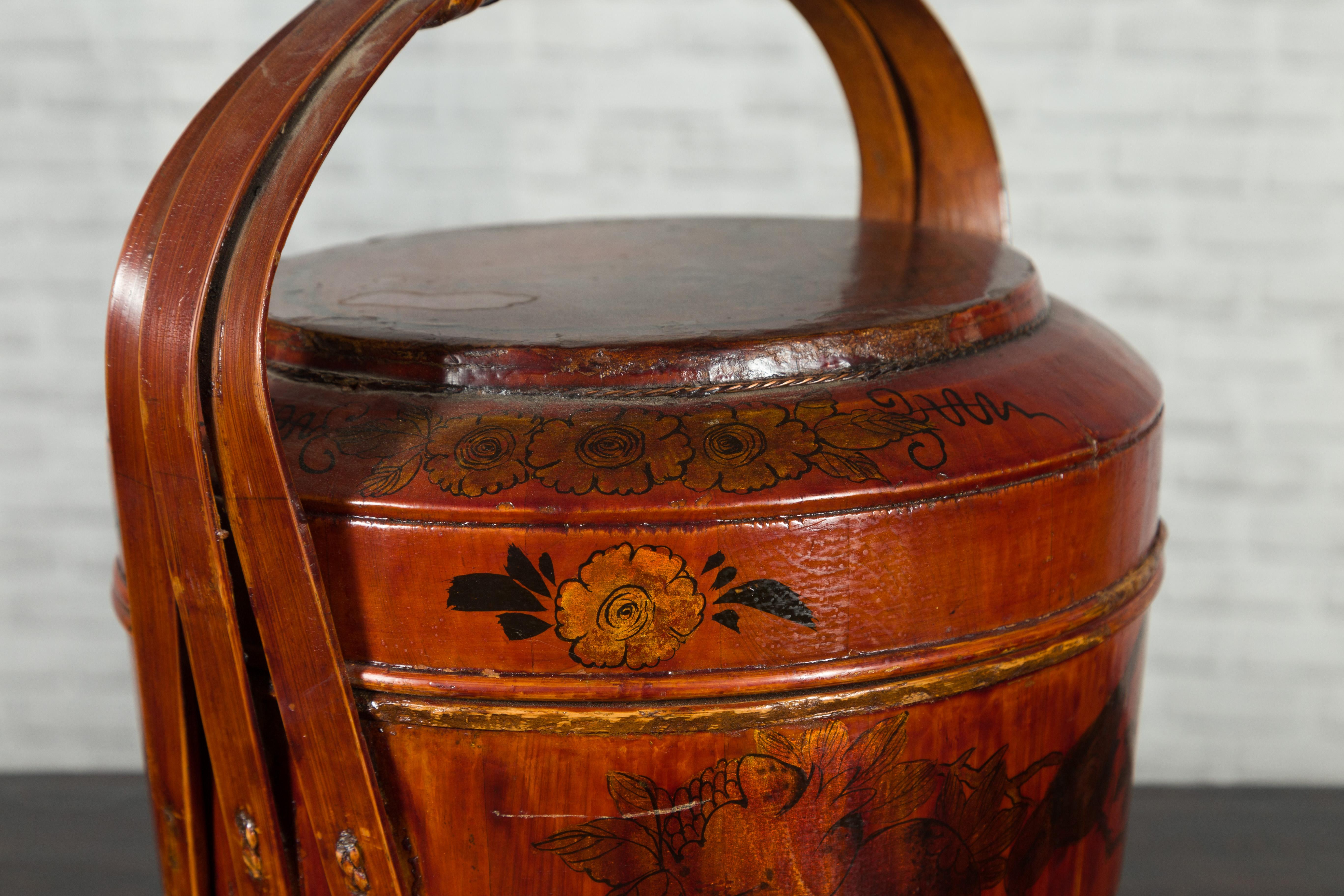 Chinese Early 20th Century Lidded Picnic Basket with Painted Birds and Flowers 3