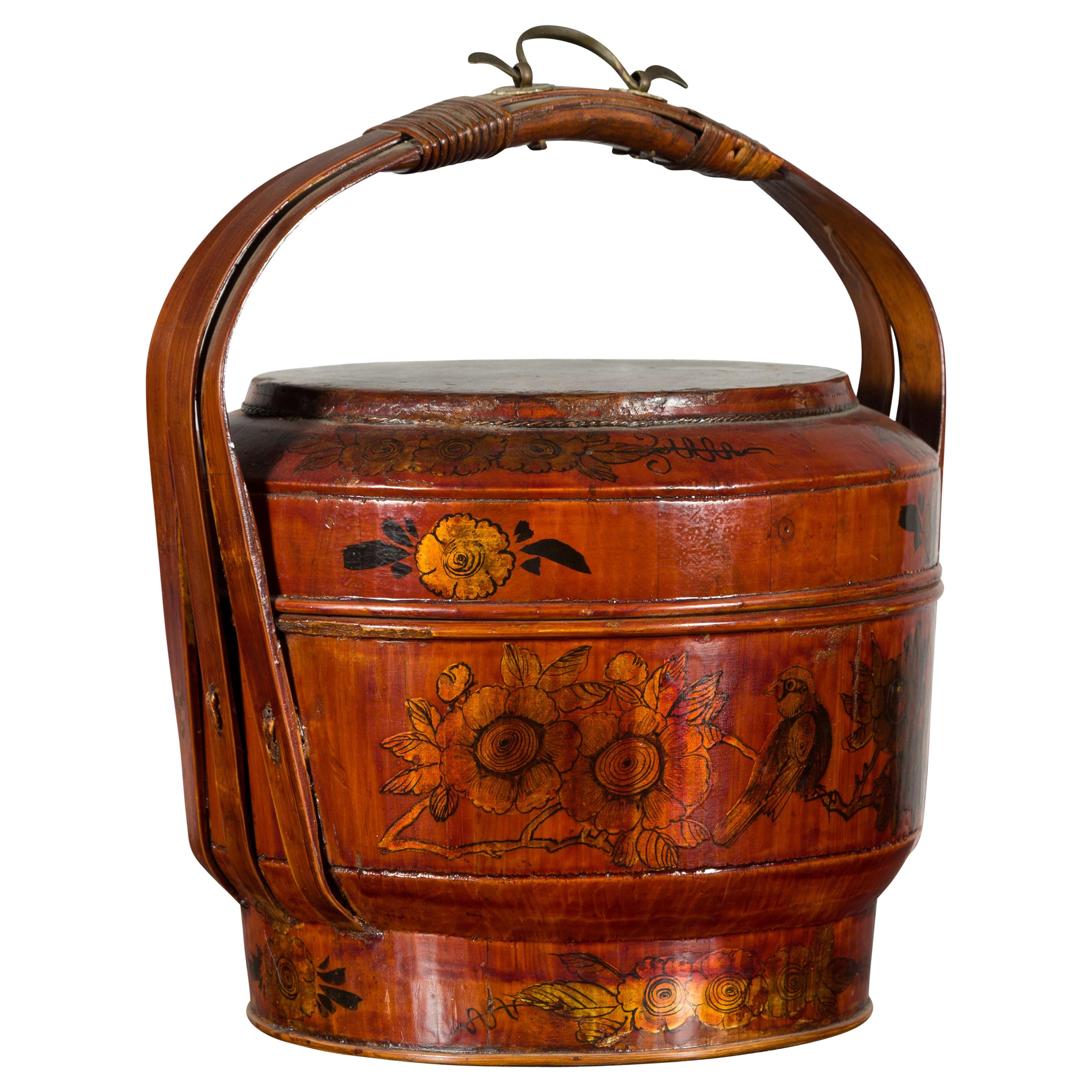 Chinese Early 20th Century Lidded Picnic Basket with Painted Birds and Flowers