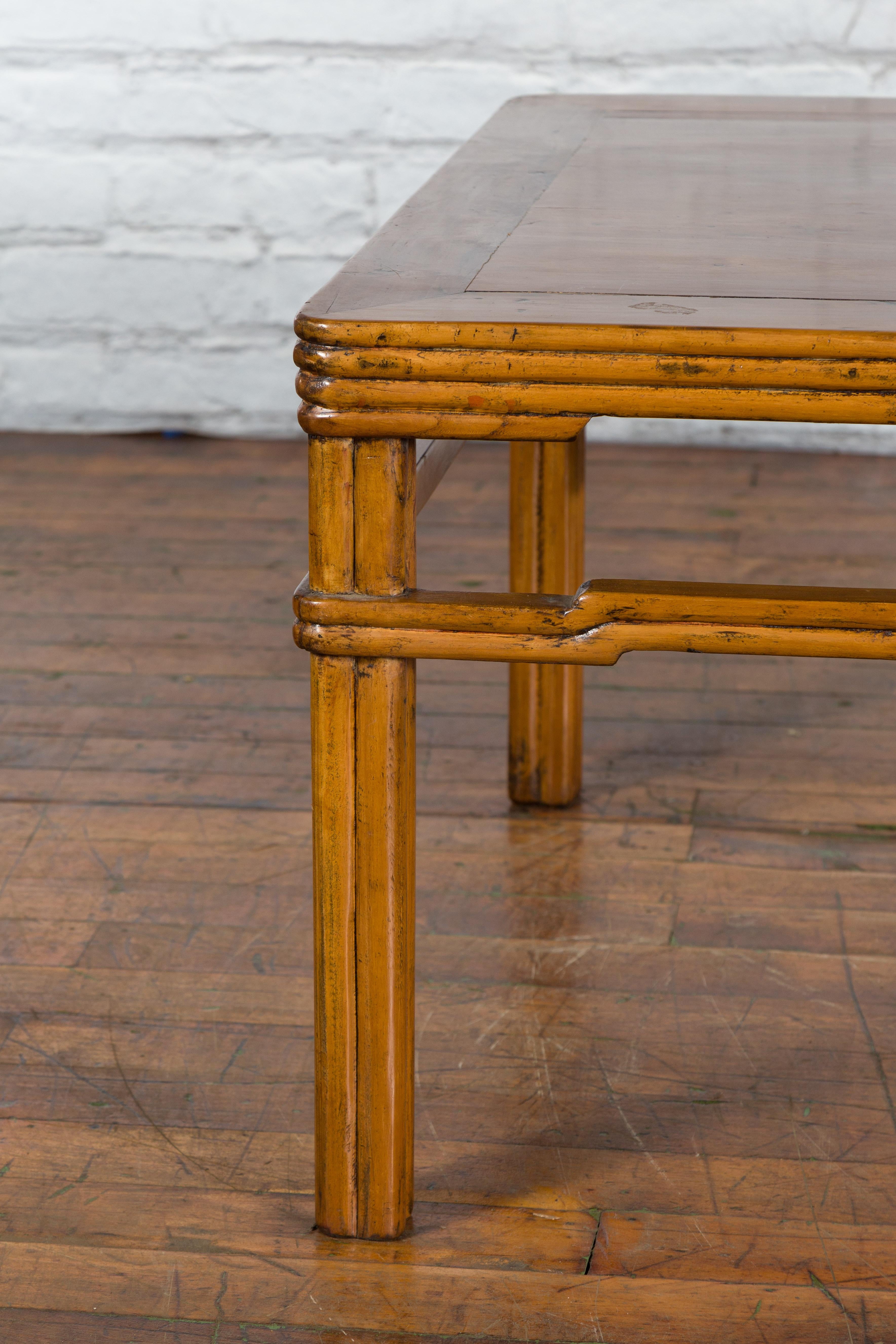 Wood Chinese Early 20th Century Light Brown Low Side Table with Humpback Stretchers For Sale