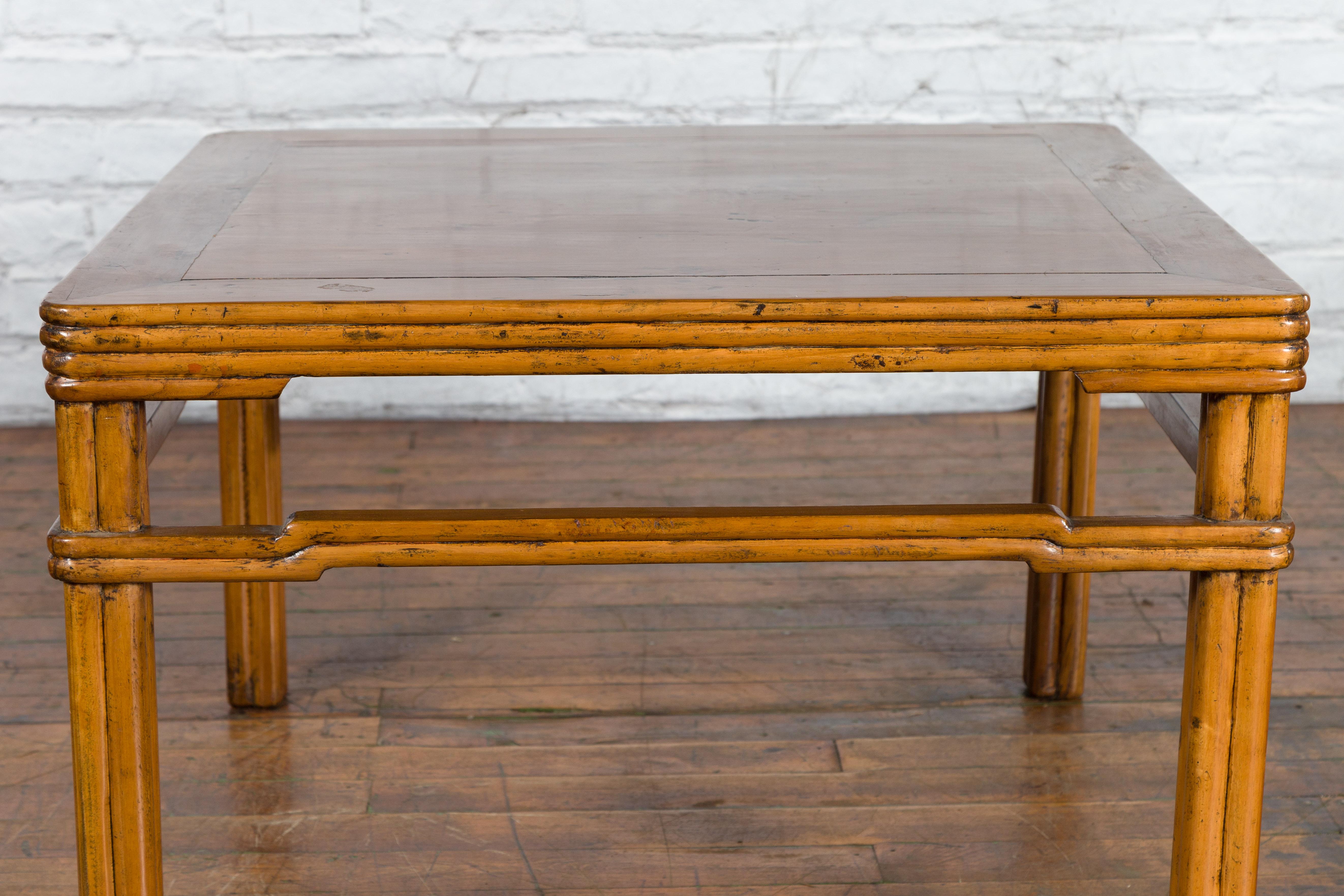 Chinese Early 20th Century Light Brown Low Side Table with Humpback Stretchers For Sale 2