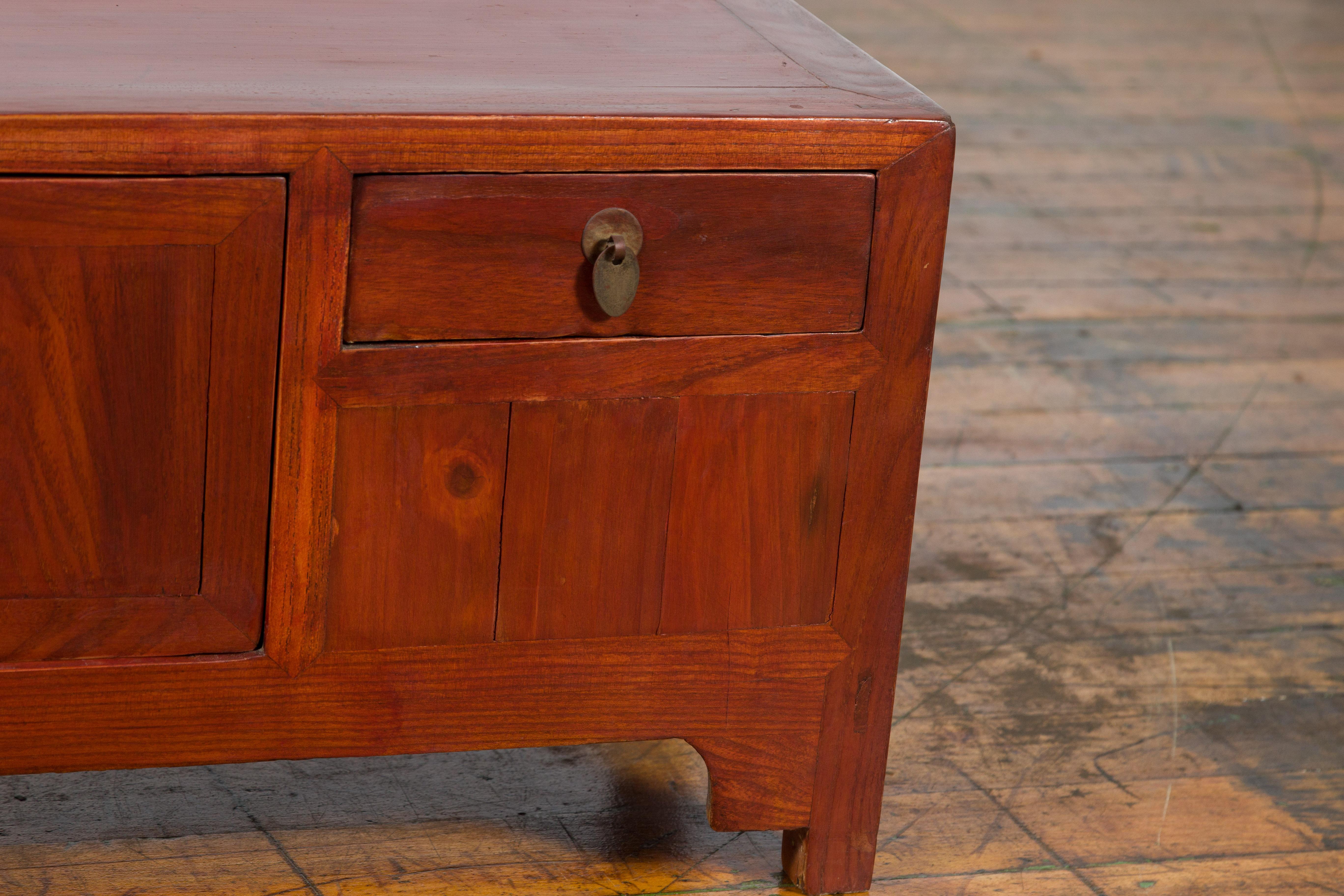 Chinese Early 20th Century Low Chest with Drawers, Doors and Brass Hardware For Sale 8