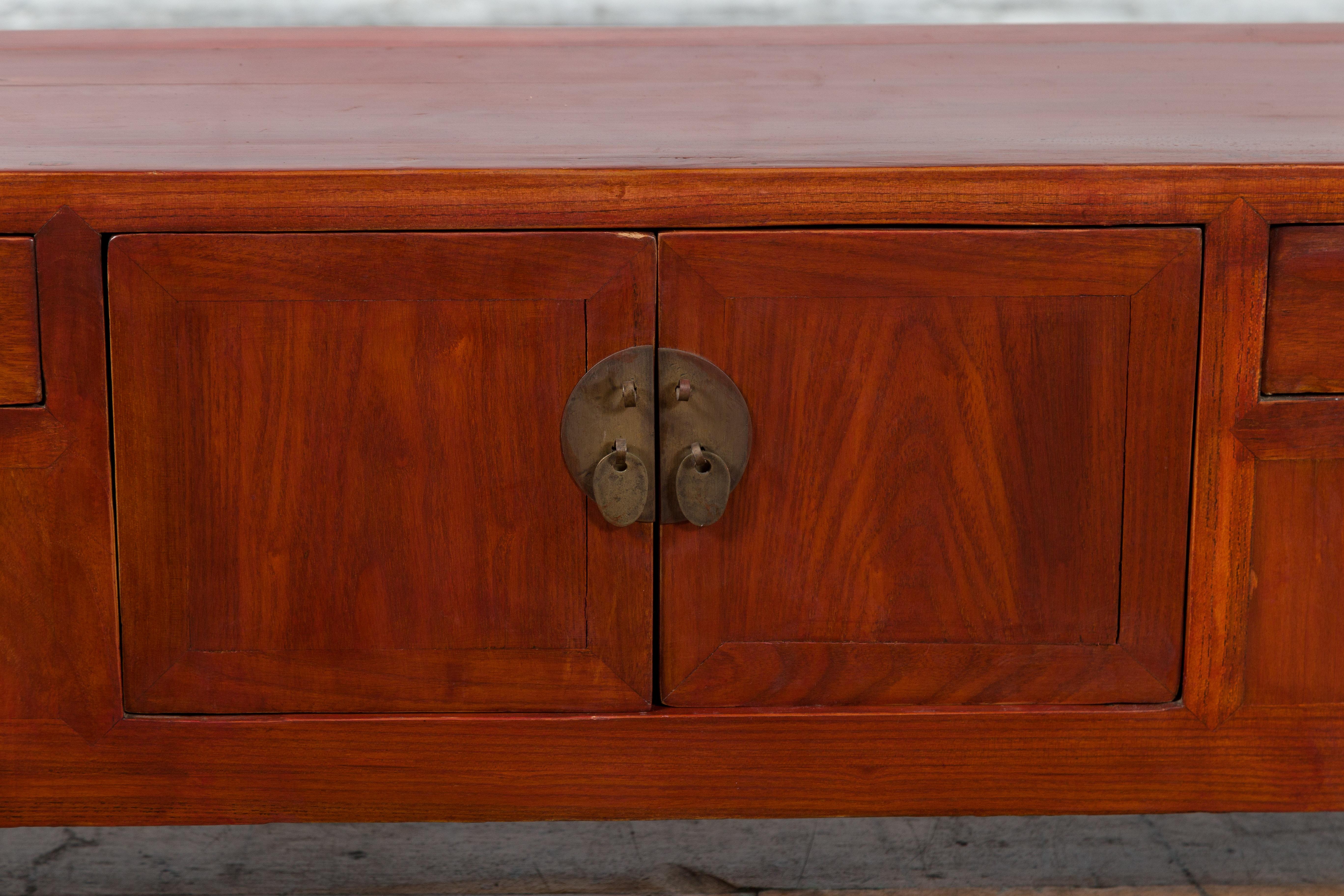 Chinese Early 20th Century Low Chest with Drawers, Doors and Brass Hardware For Sale 9