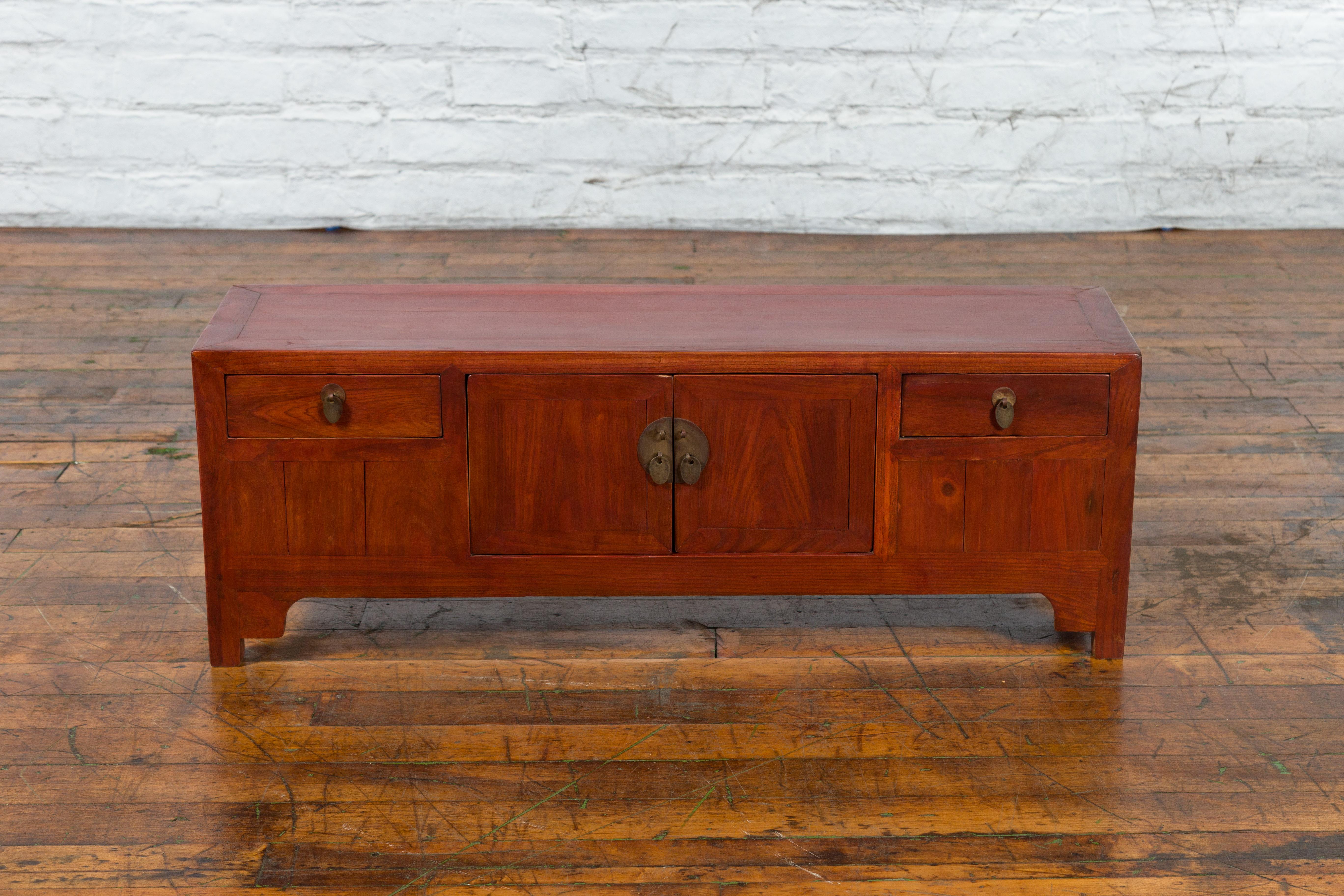 Chinese Early 20th Century Low Chest with Drawers, Doors and Brass Hardware In Good Condition For Sale In Yonkers, NY