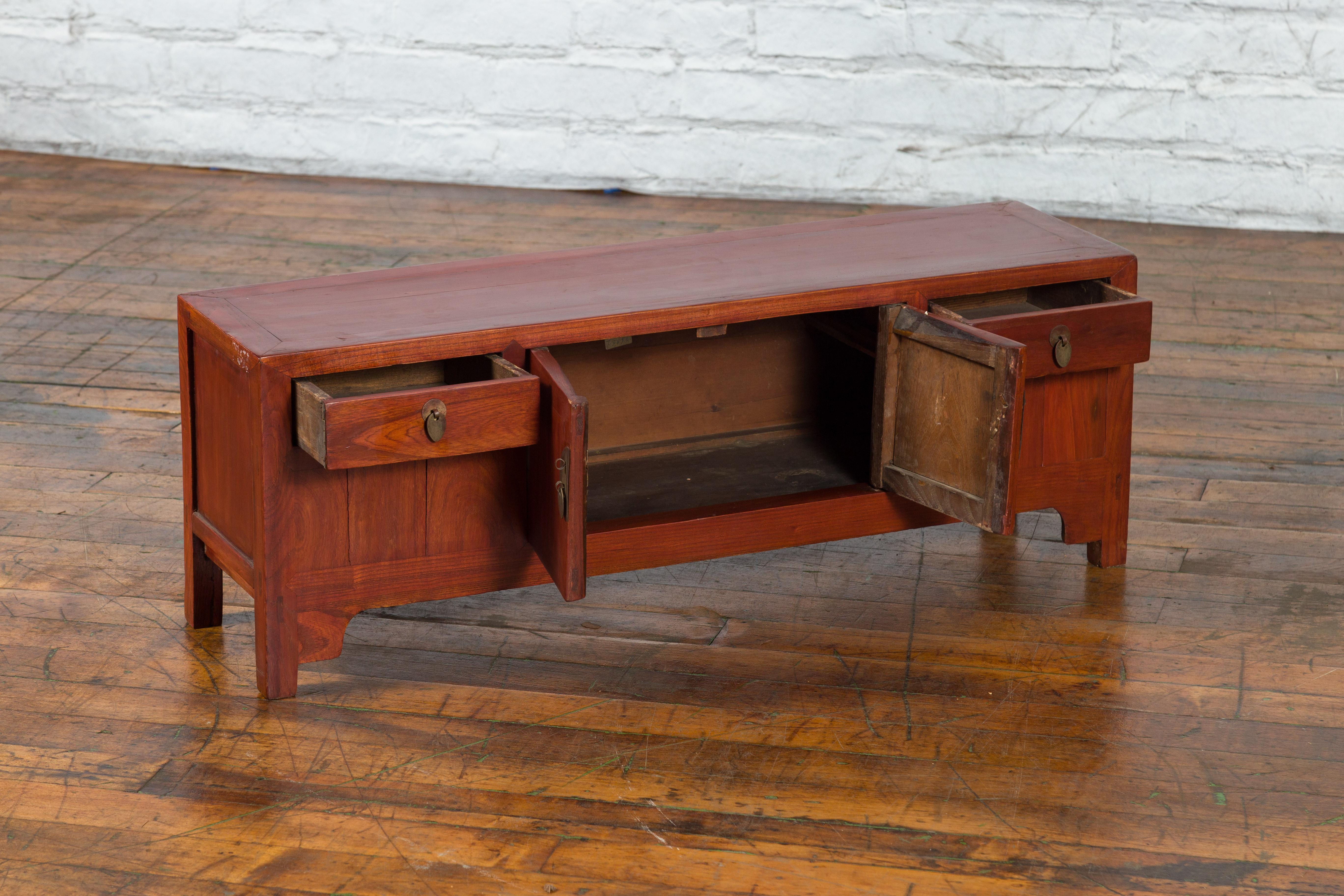 Chinese Early 20th Century Low Chest with Drawers, Doors and Brass Hardware For Sale 1