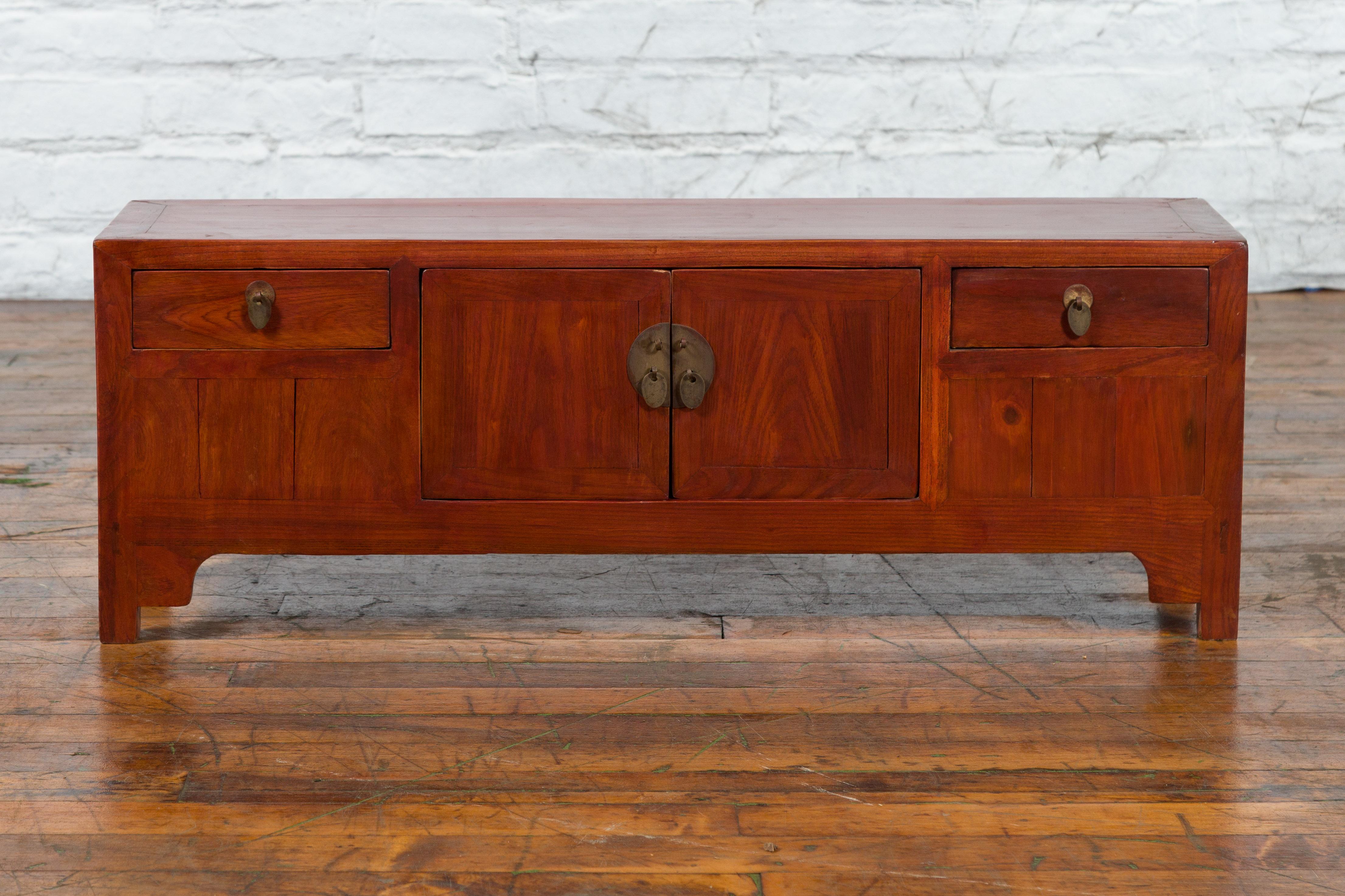 Chinese Early 20th Century Low Chest with Drawers, Doors and Brass Hardware For Sale 3