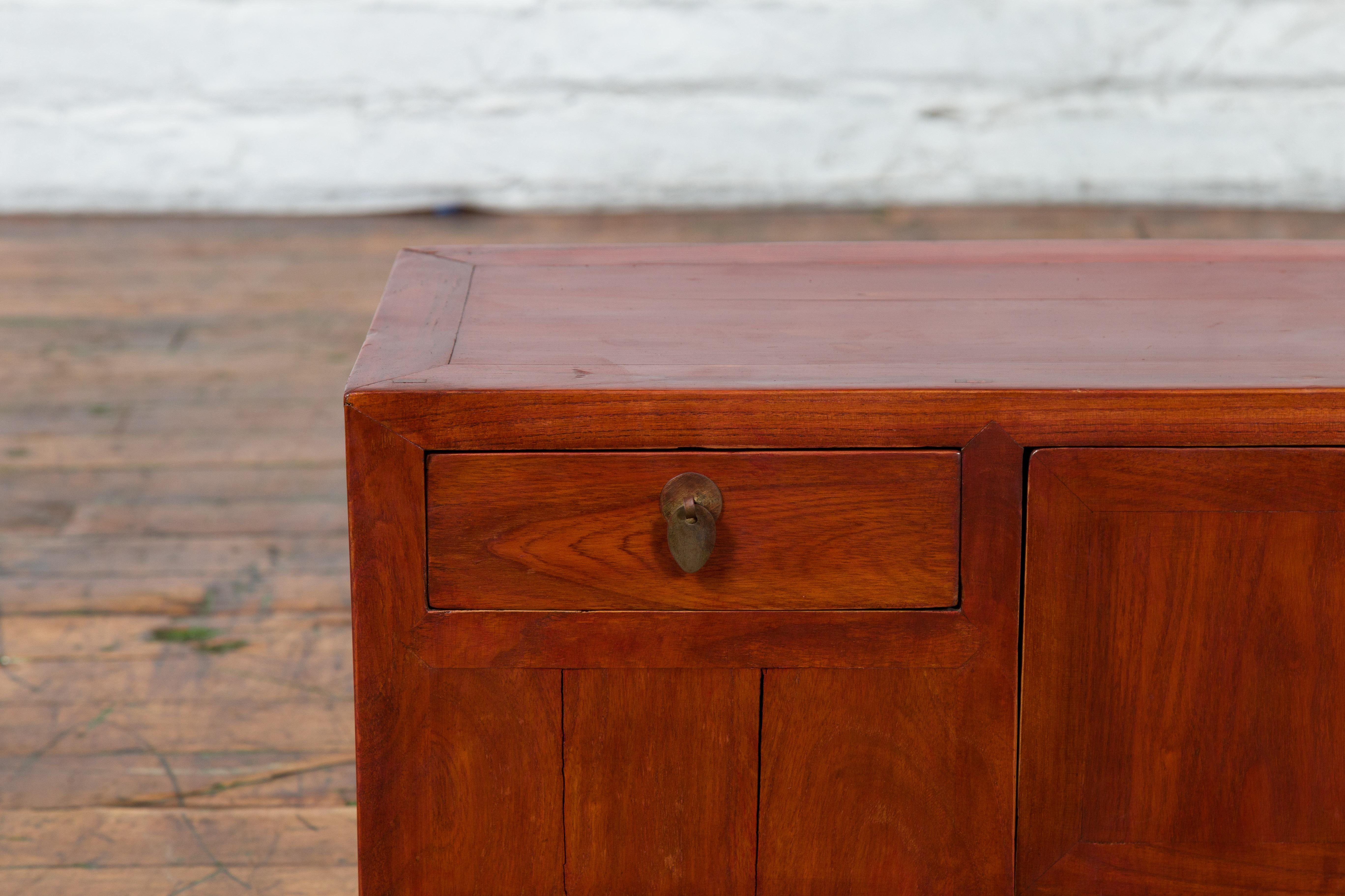 Chinese Early 20th Century Low Chest with Drawers, Doors and Brass Hardware For Sale 5