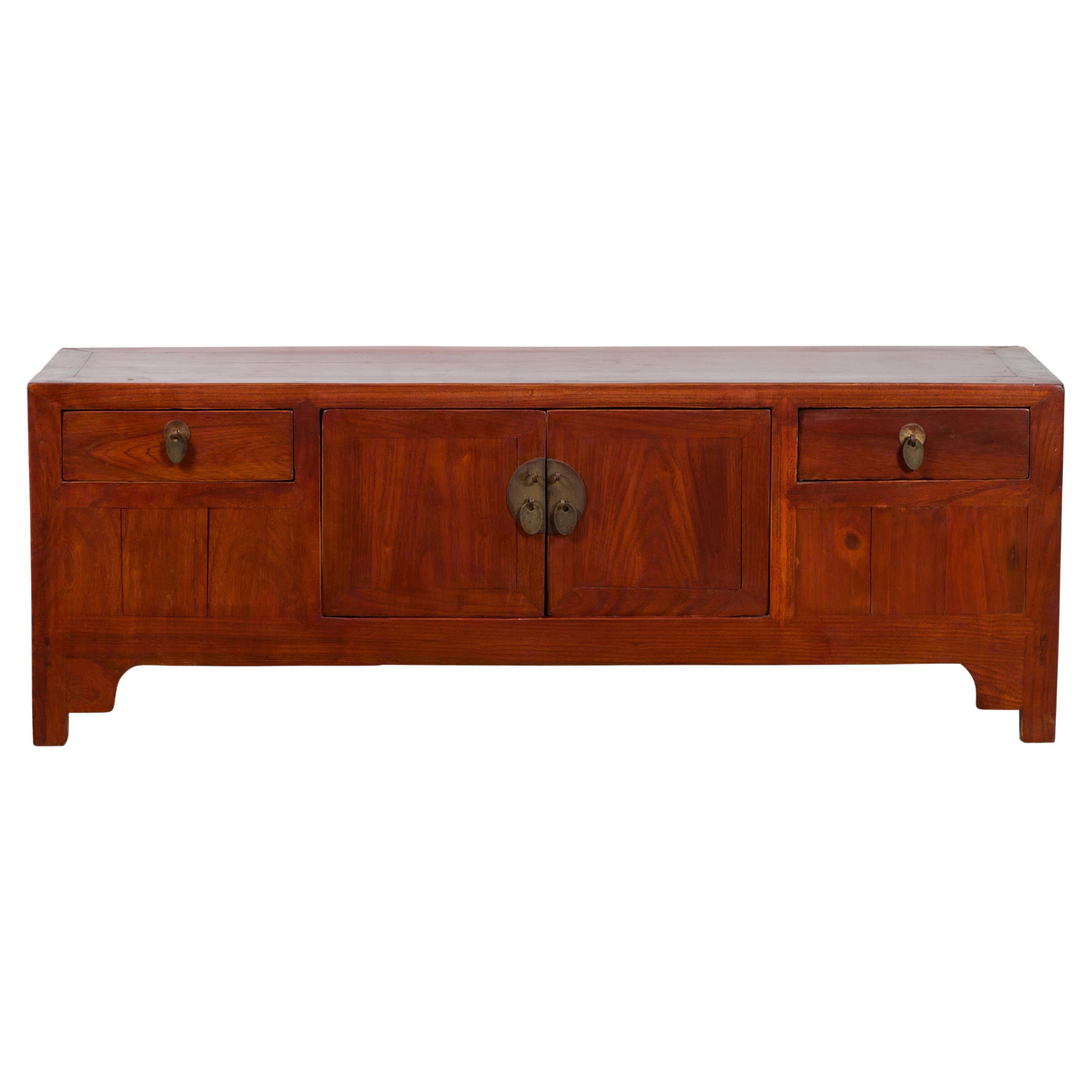 Chinese Early 20th Century Low Chest with Drawers, Doors and Brass Hardware For Sale