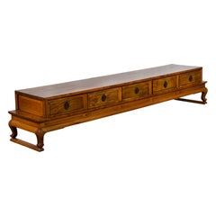Chinese Early 20th Century Low Kang Table with Five Drawers and Scrolling Feet