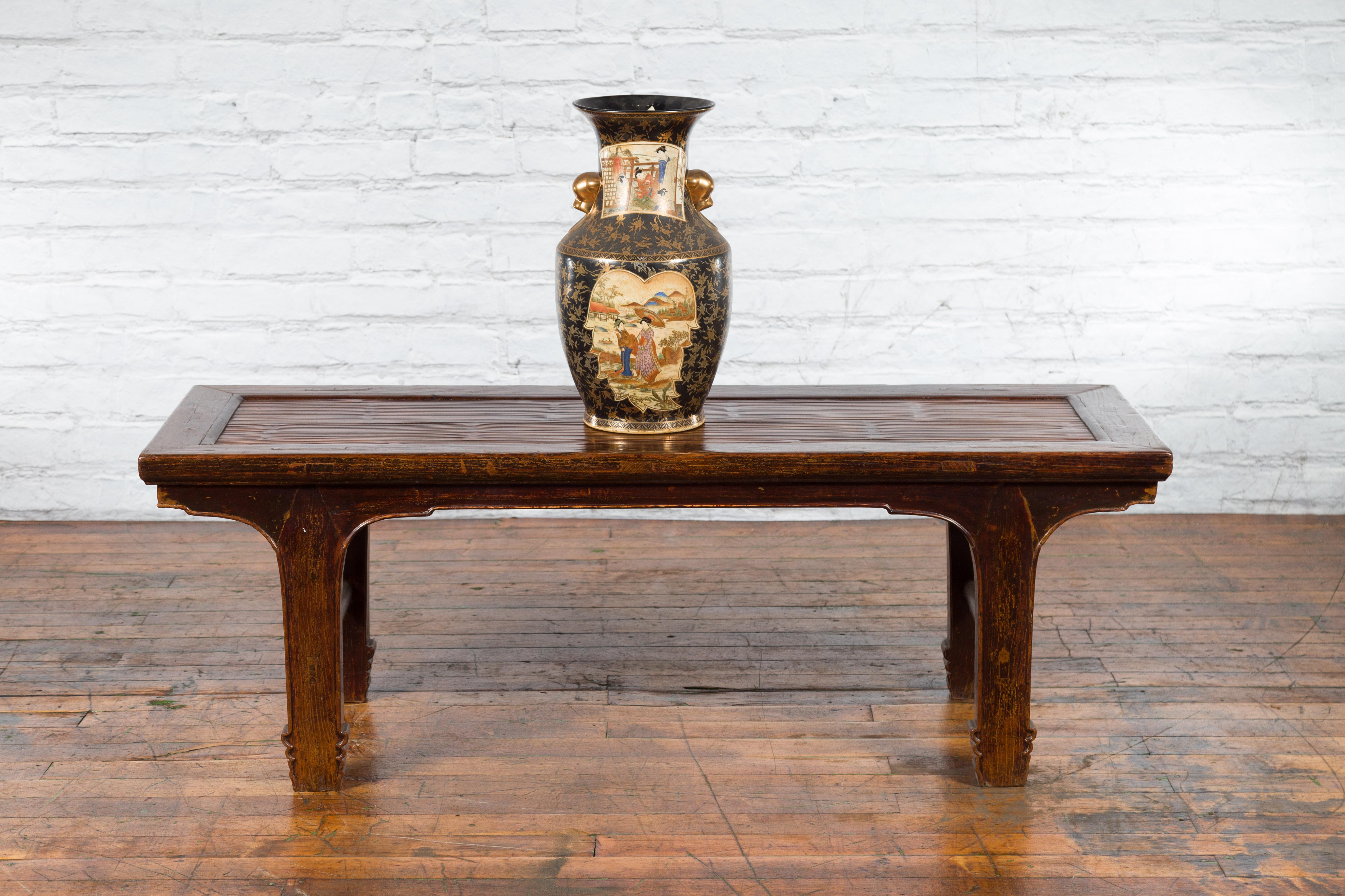 Carved Chinese Early 20th Century Low Table with Bamboo Opium Mat Top For Sale