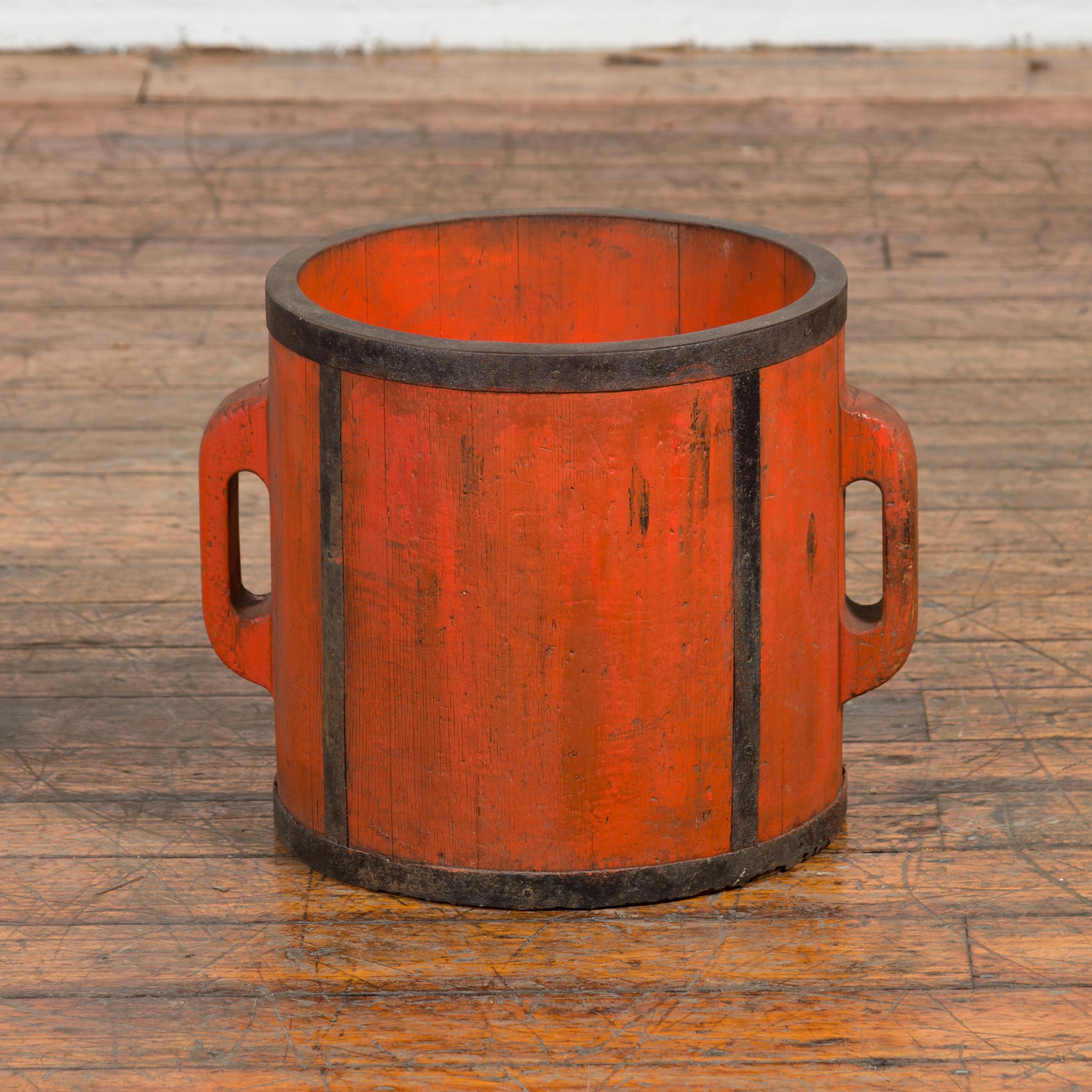 Wood Chinese Early 20th Century Orange Grain Measuring Cup with Lateral Handles For Sale