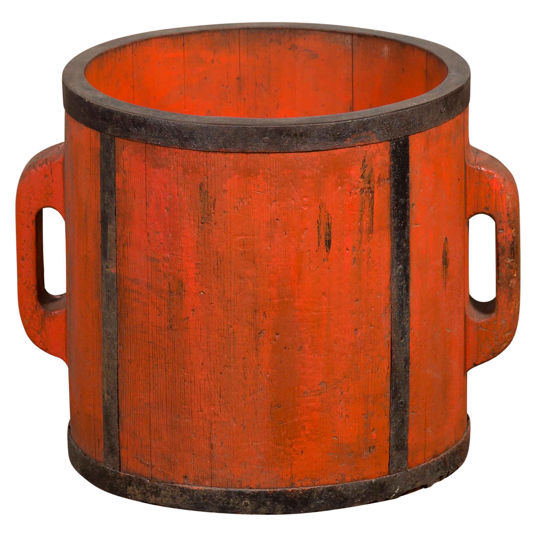 Chinese Early 20th Century Orange Grain Measuring Cup with Lateral Handles For Sale