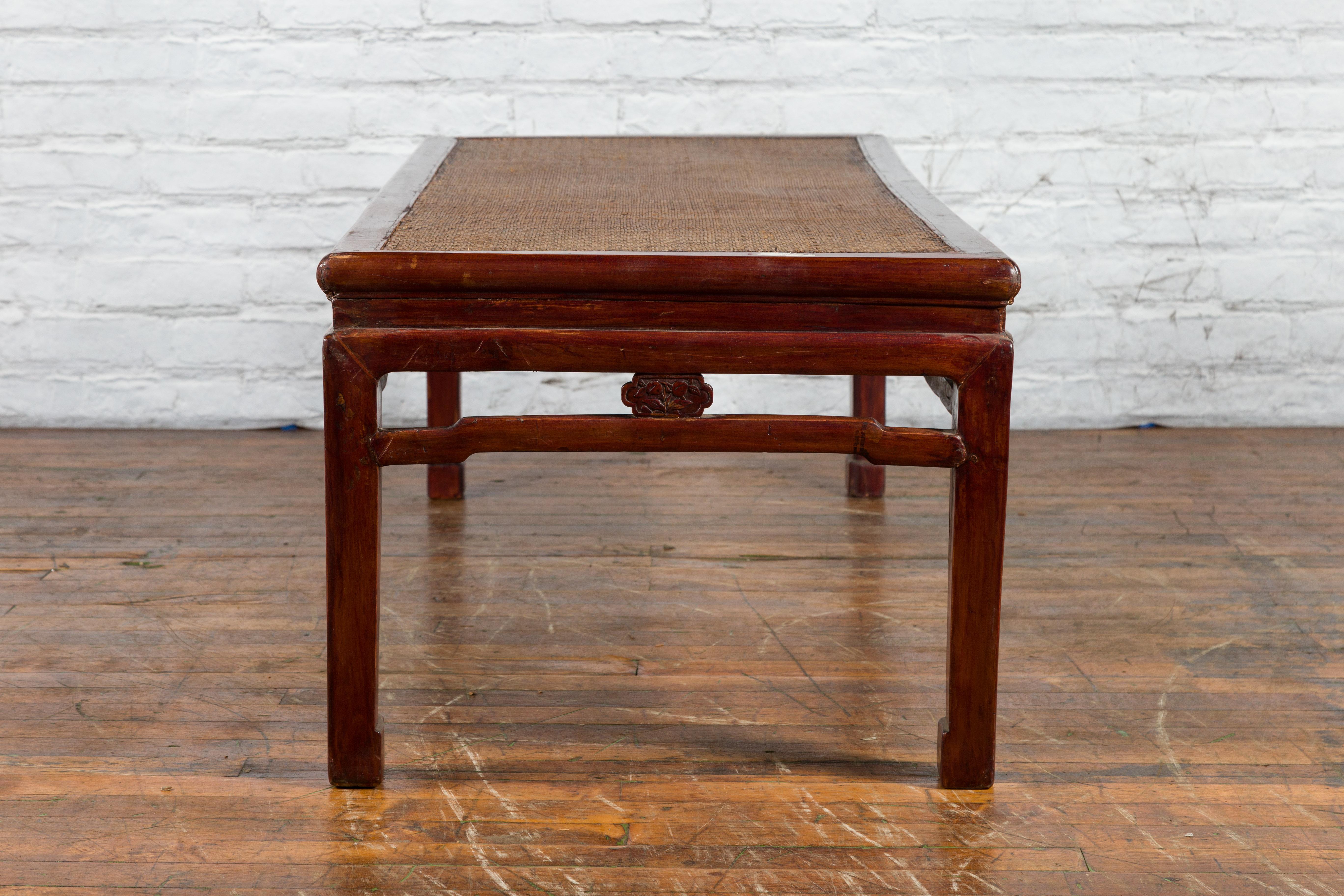 Chinese Early 20th Century Rattan Top Coffee Table with Carved Medallions For Sale 9