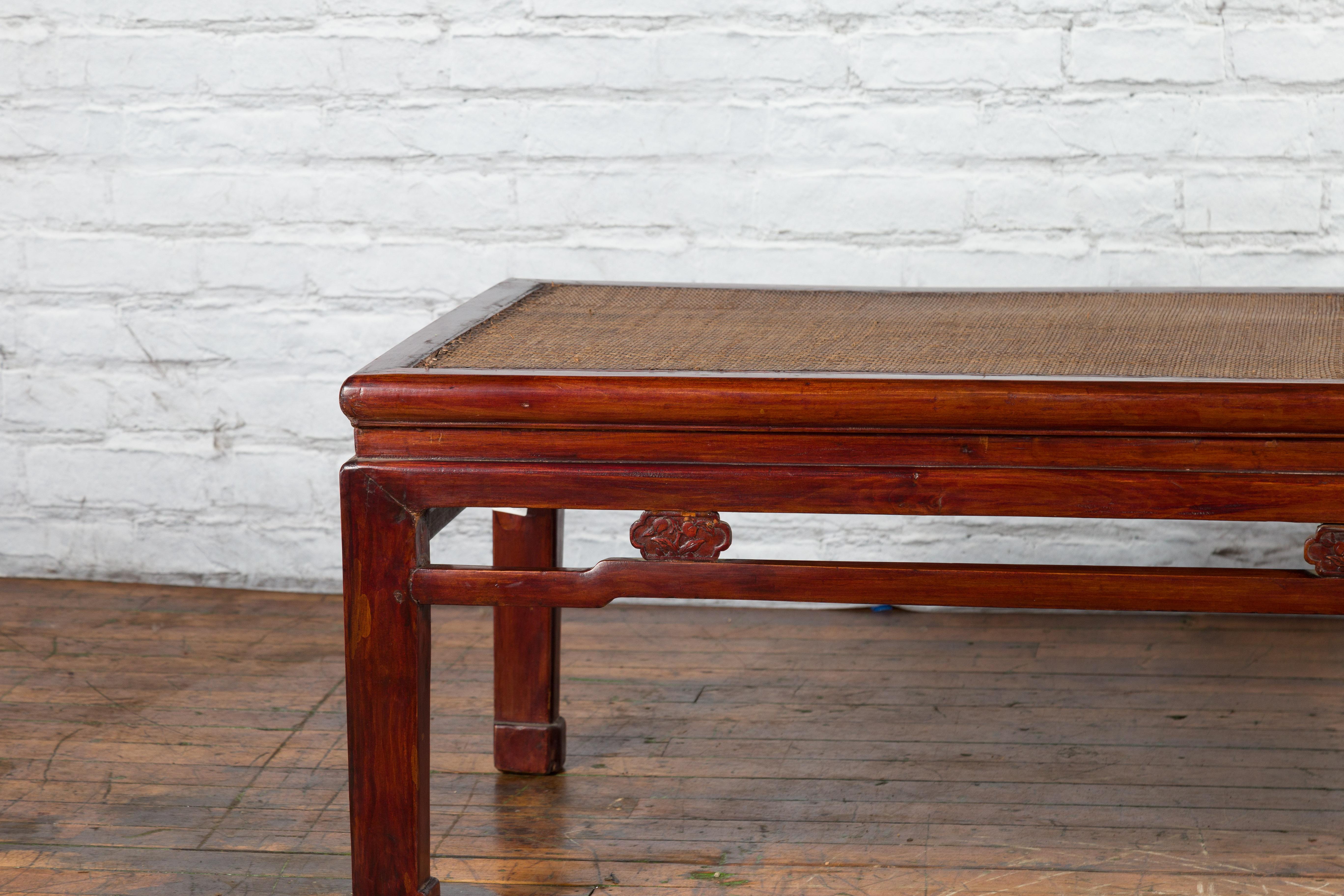 Chinese Early 20th Century Rattan Top Coffee Table with Carved Medallions For Sale 1