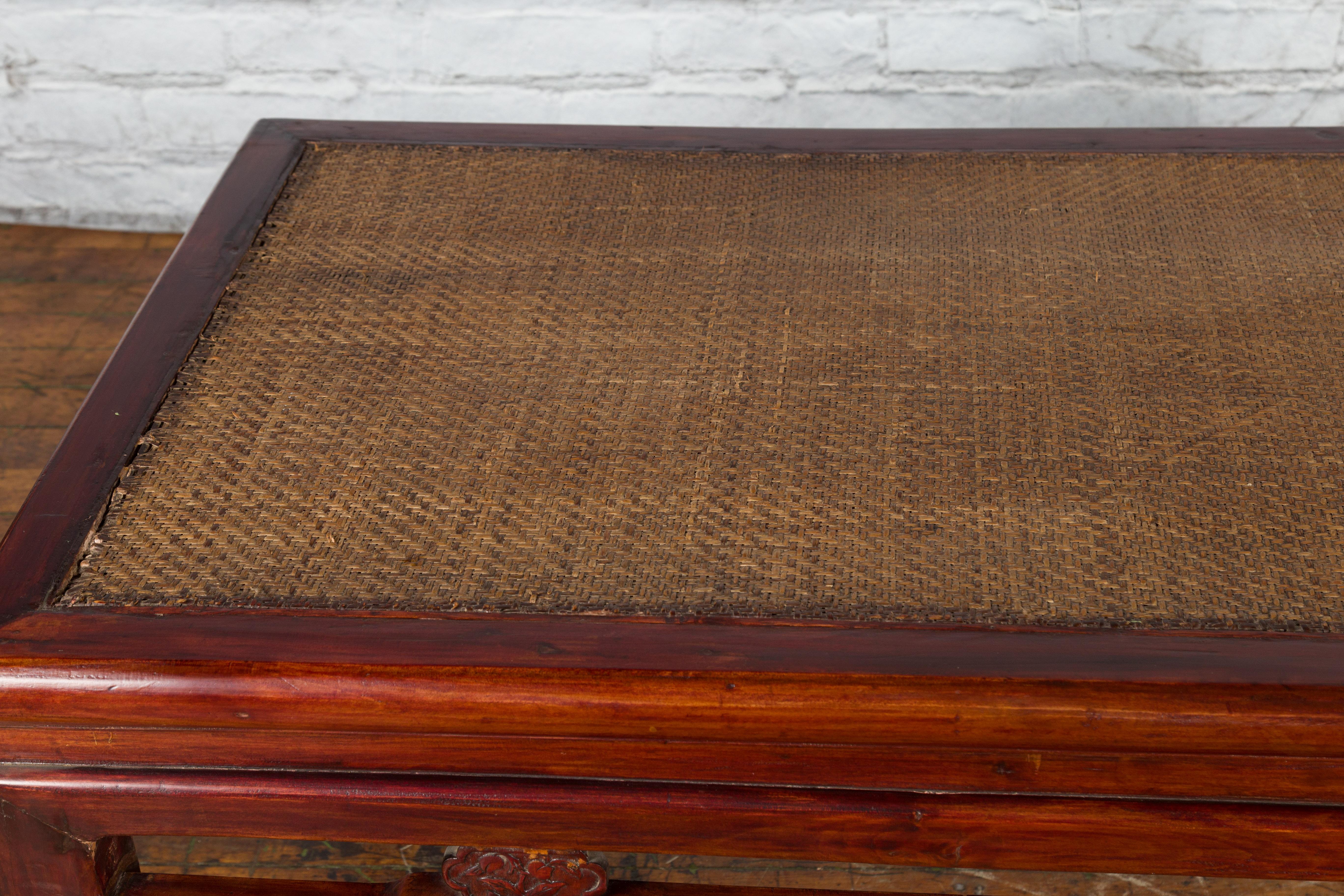 Chinese Early 20th Century Rattan Top Coffee Table with Carved Medallions For Sale 6