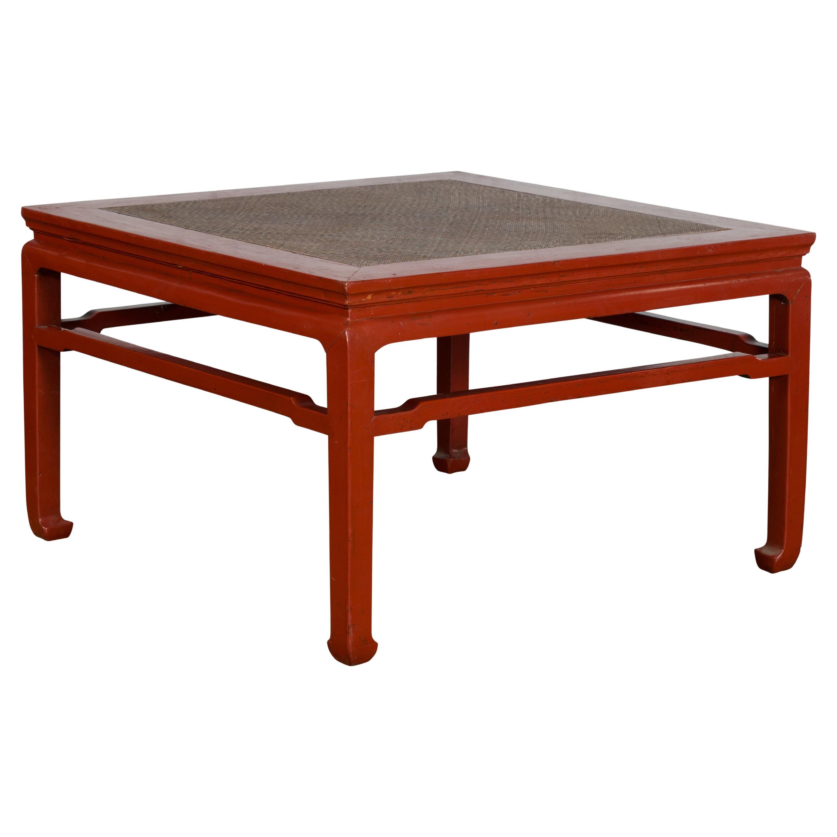 Chinese Early 20th Century Red Lacquer Coffee Table with Hand-Woven Rattan Top