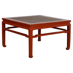Chinese Early 20th Century Red Lacquer Coffee Table with Hand-Woven Rattan Top