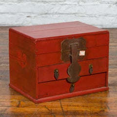 Chinese Early 20th Century Red Lacquer Jewelry Box with Bronze Hardware